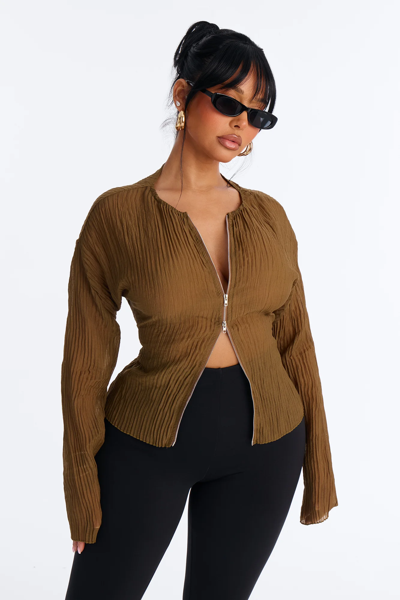 Kasey Front Zip Plisse Top - Olive