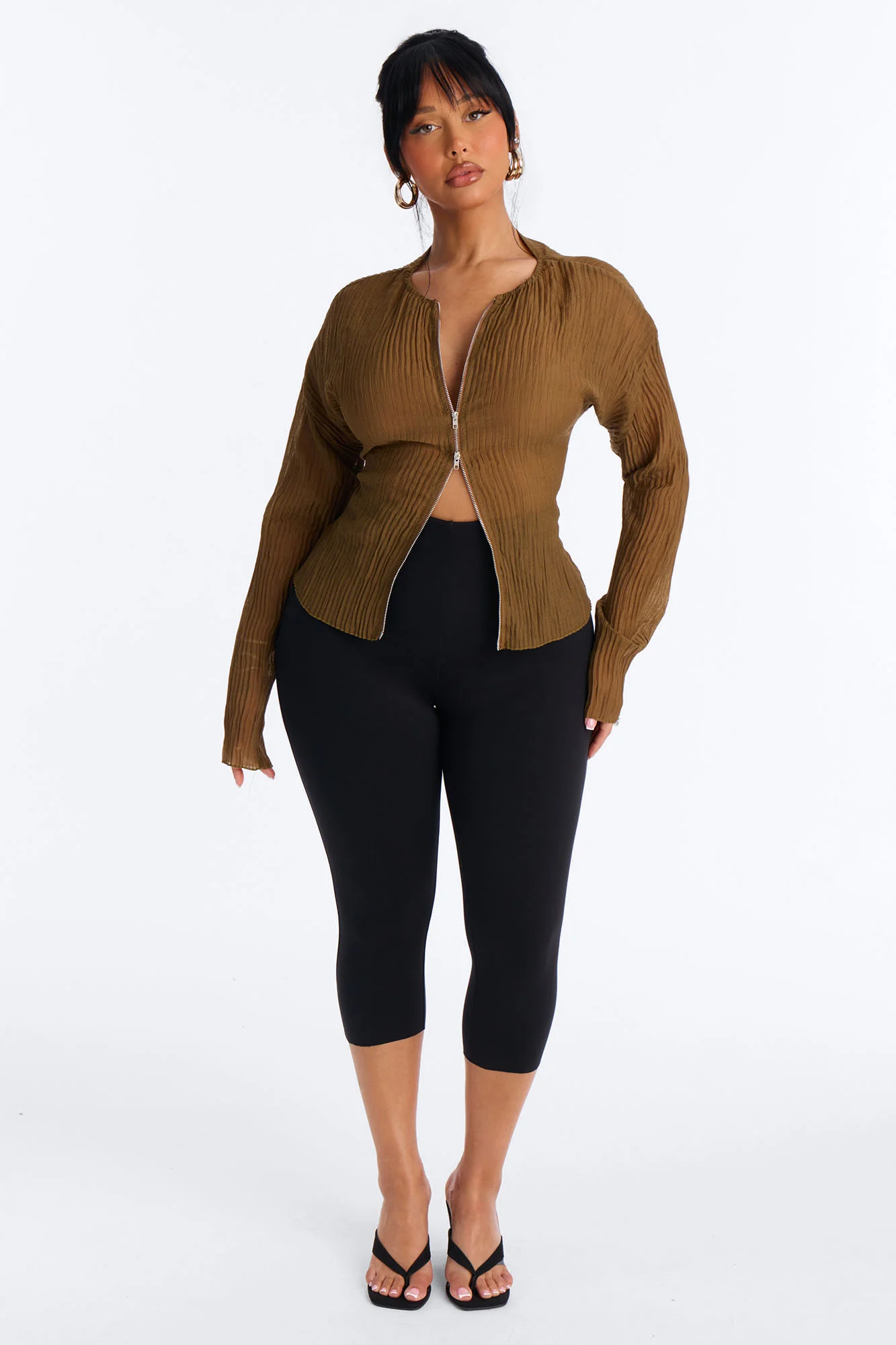 Kasey Front Zip Plisse Top - Olive - Image 2