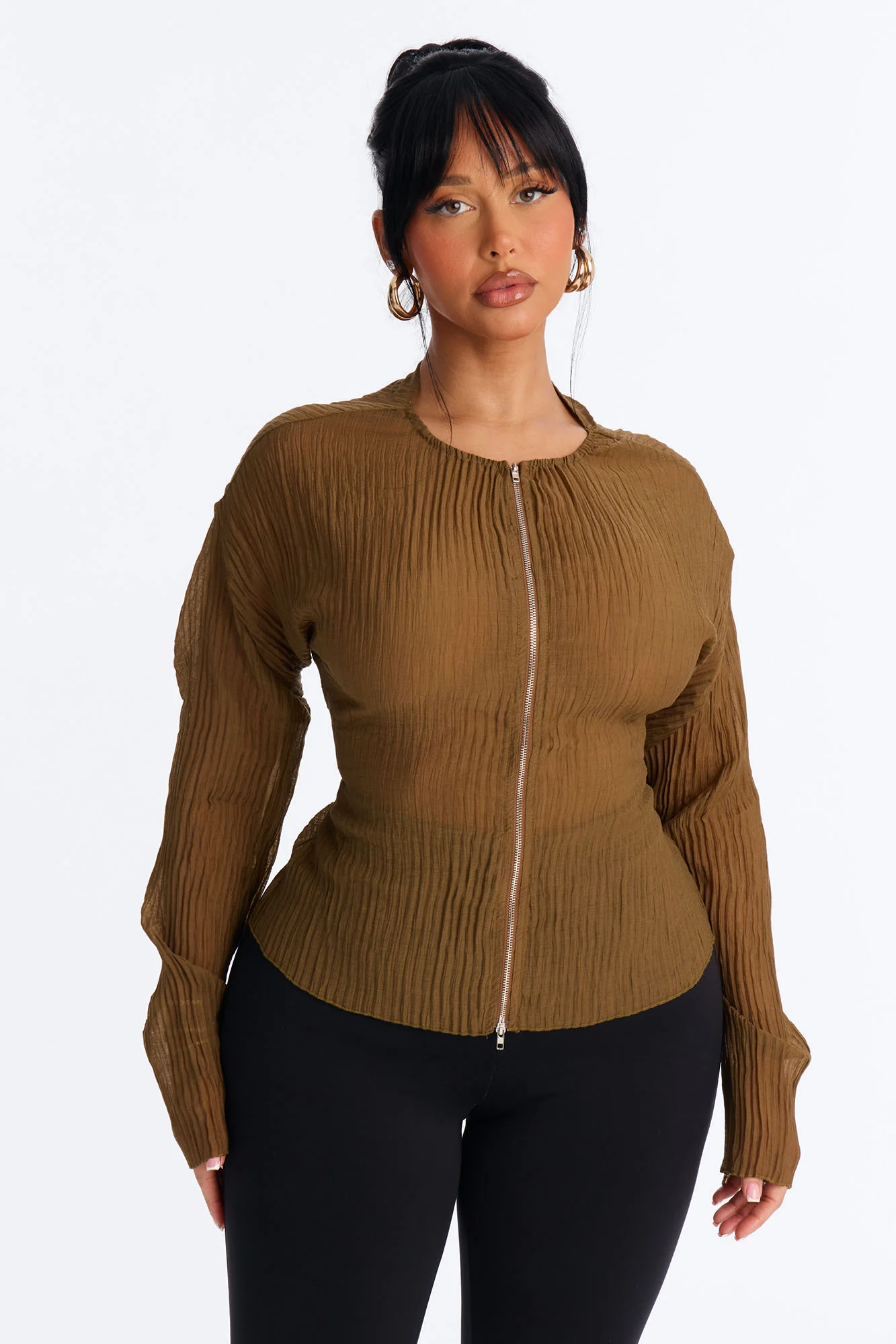 Kasey Front Zip Plisse Top - Olive - Image 4