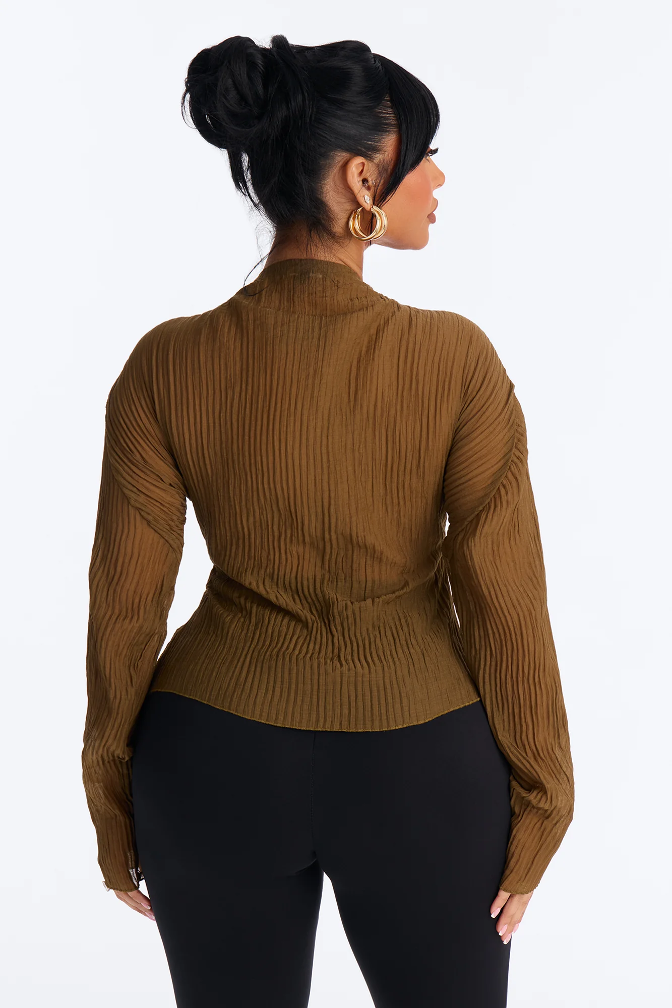 Kasey Front Zip Plisse Top - Olive - Image 5