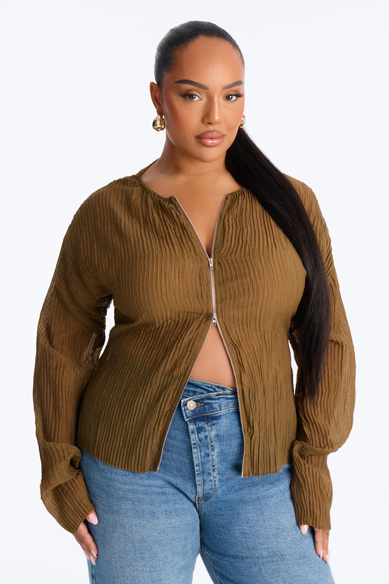 Kasey Front Zip Plisse Top - Olive - Image 6