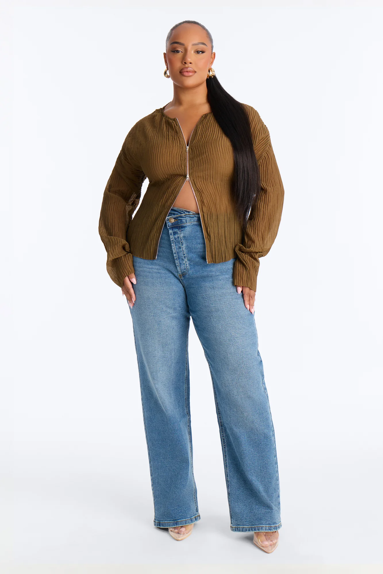 Kasey Front Zip Plisse Top - Olive - Image 7