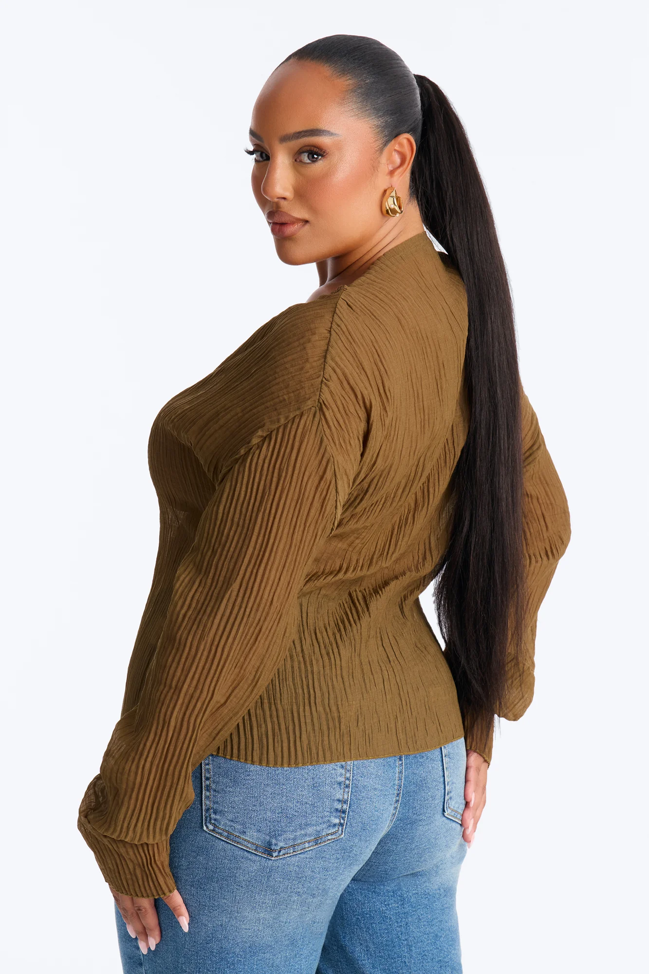 Kasey Front Zip Plisse Top - Olive - Image 9