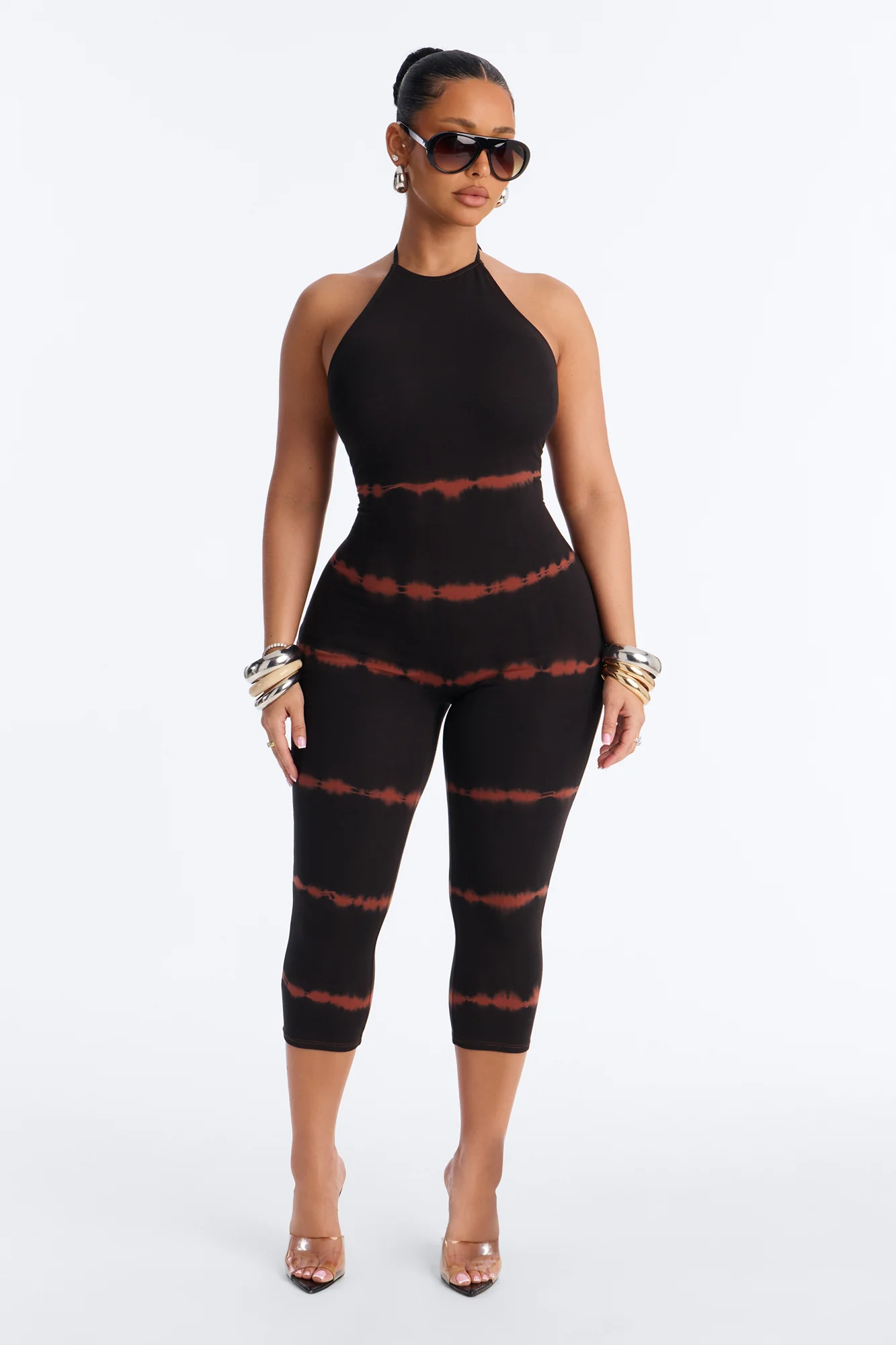 Kasey Tie Dye Halter Capri Leg Jumpsuit - Rust