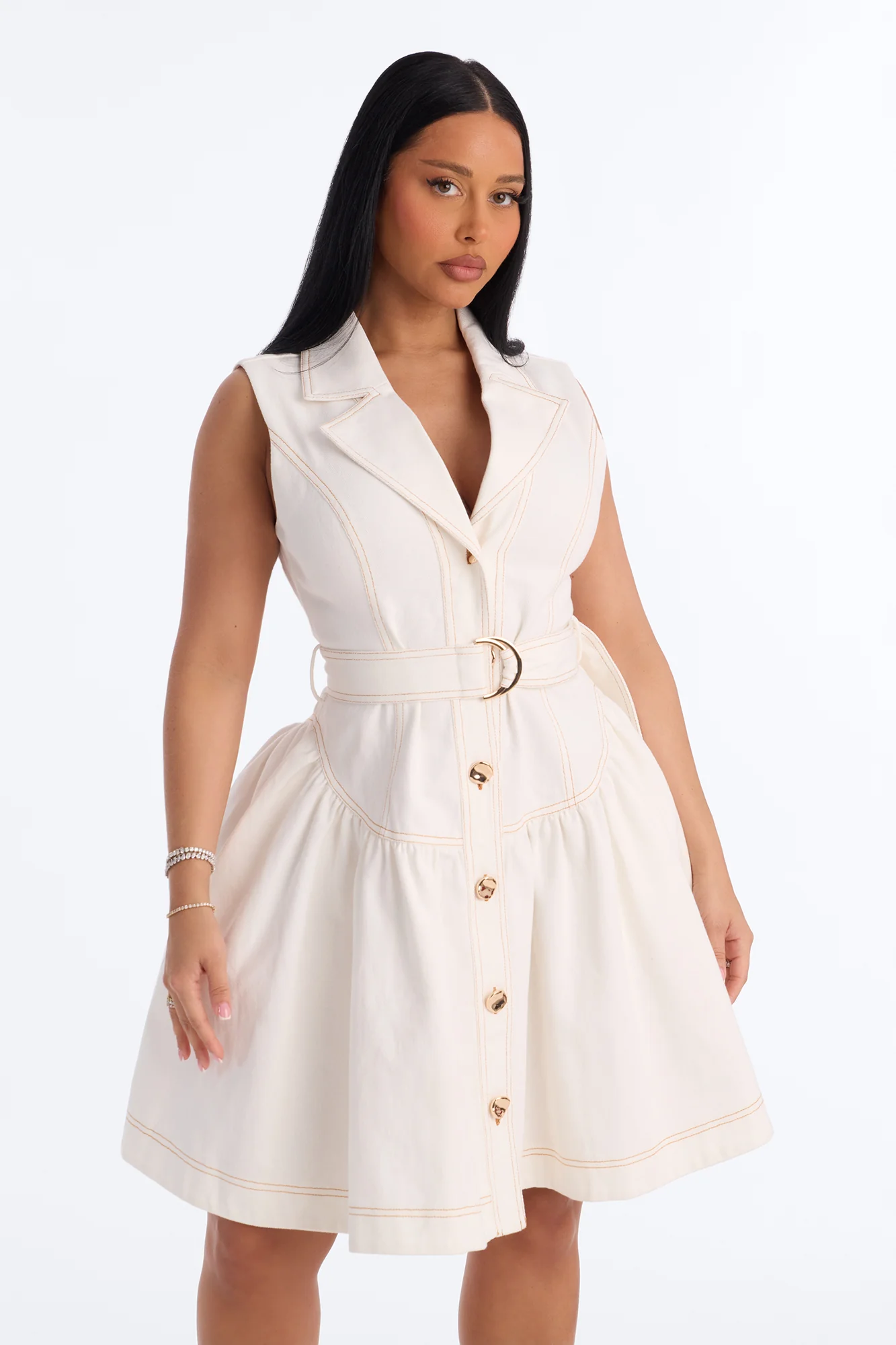 Kassandra Belted Denim Midi Dress - White - Image 2