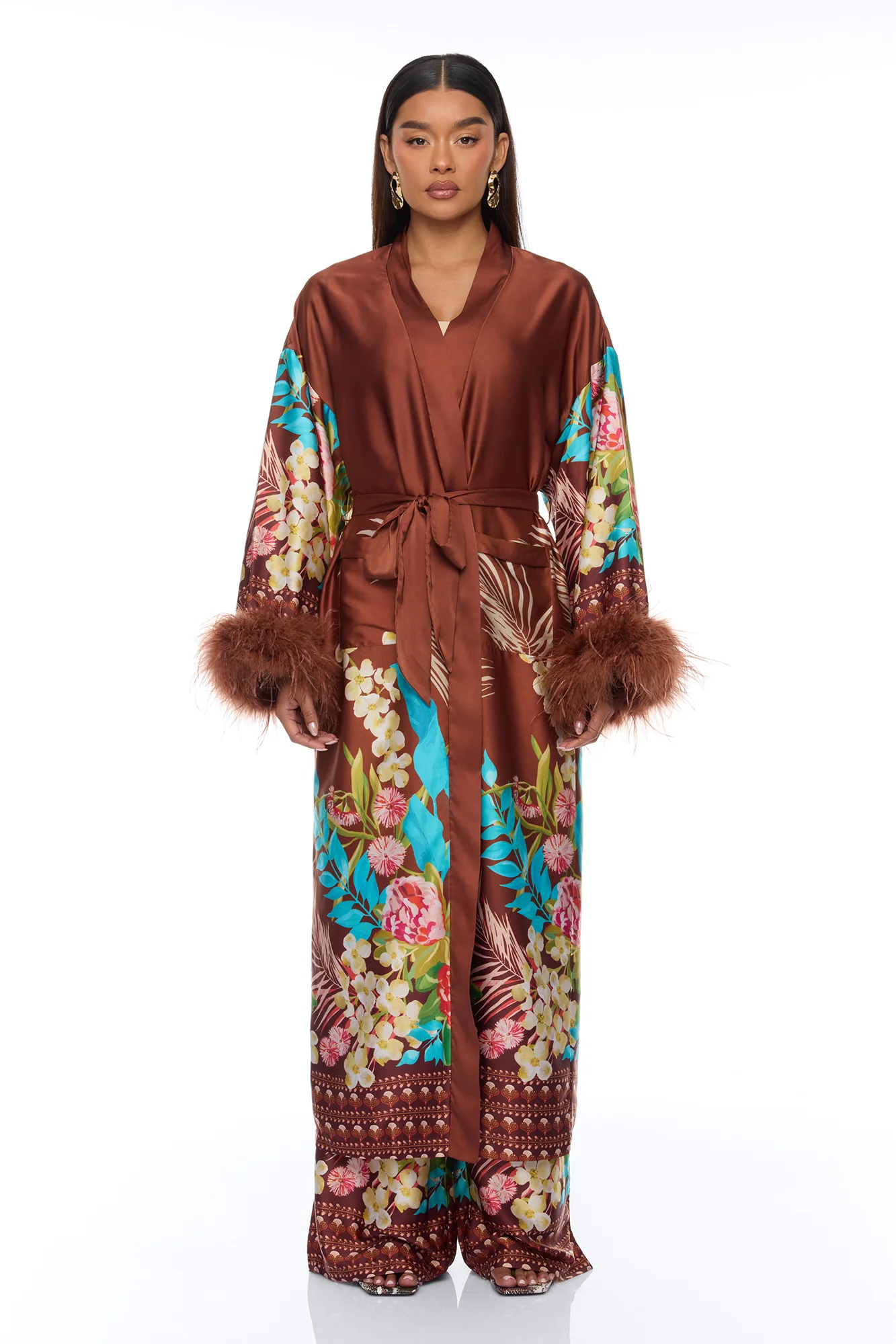 Kassidy Feathered Satin Pant 2 Piece Set - Brown - Image 2