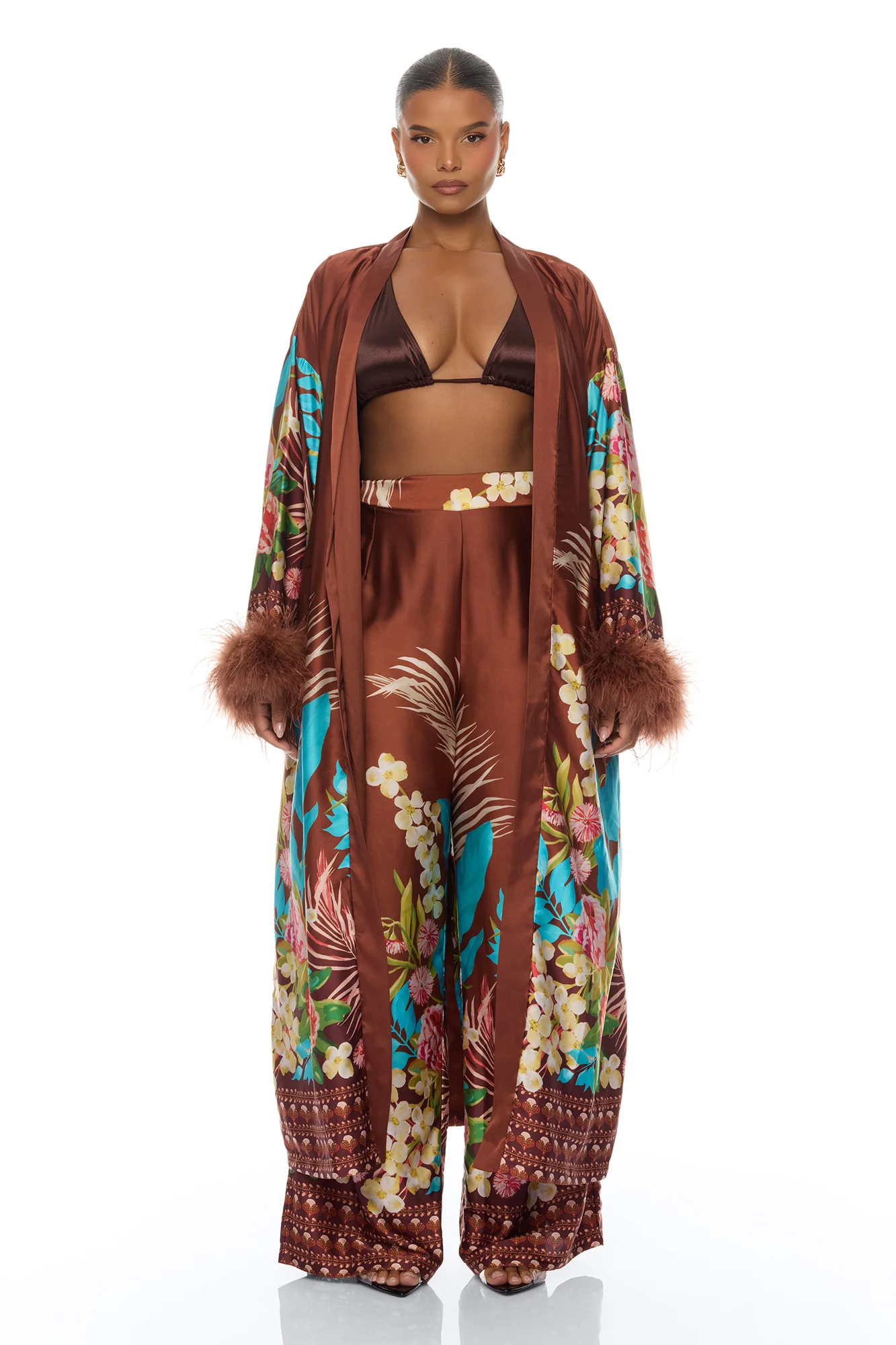 Kassidy Feathered Satin Pant 2 Piece Set - Brown - Image 8