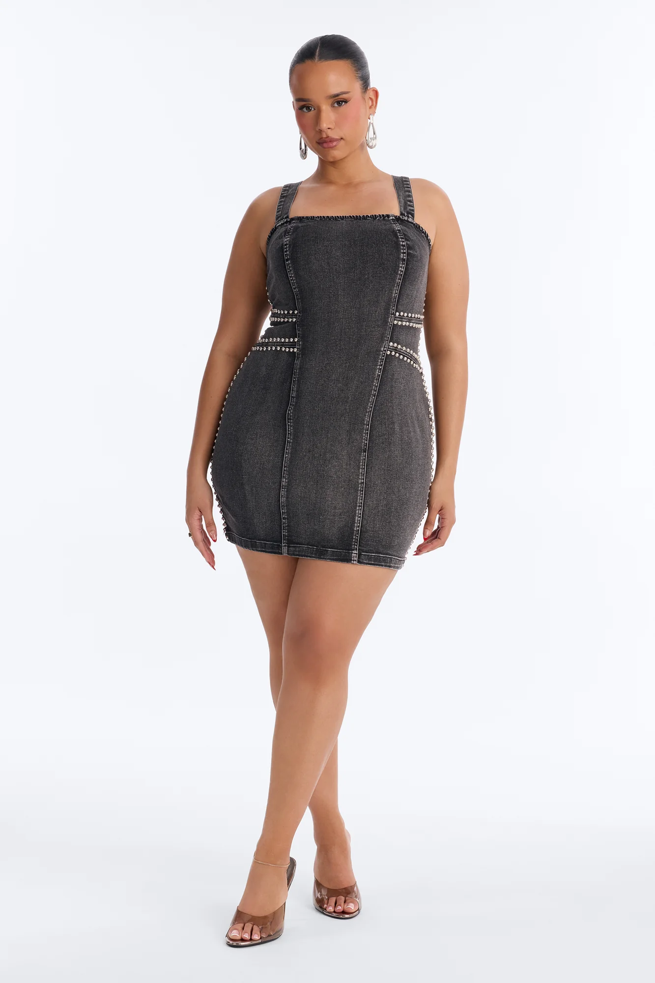 Kassidy Studded Stretch Denim Micro Mini Dress - Black Wash - Image 5