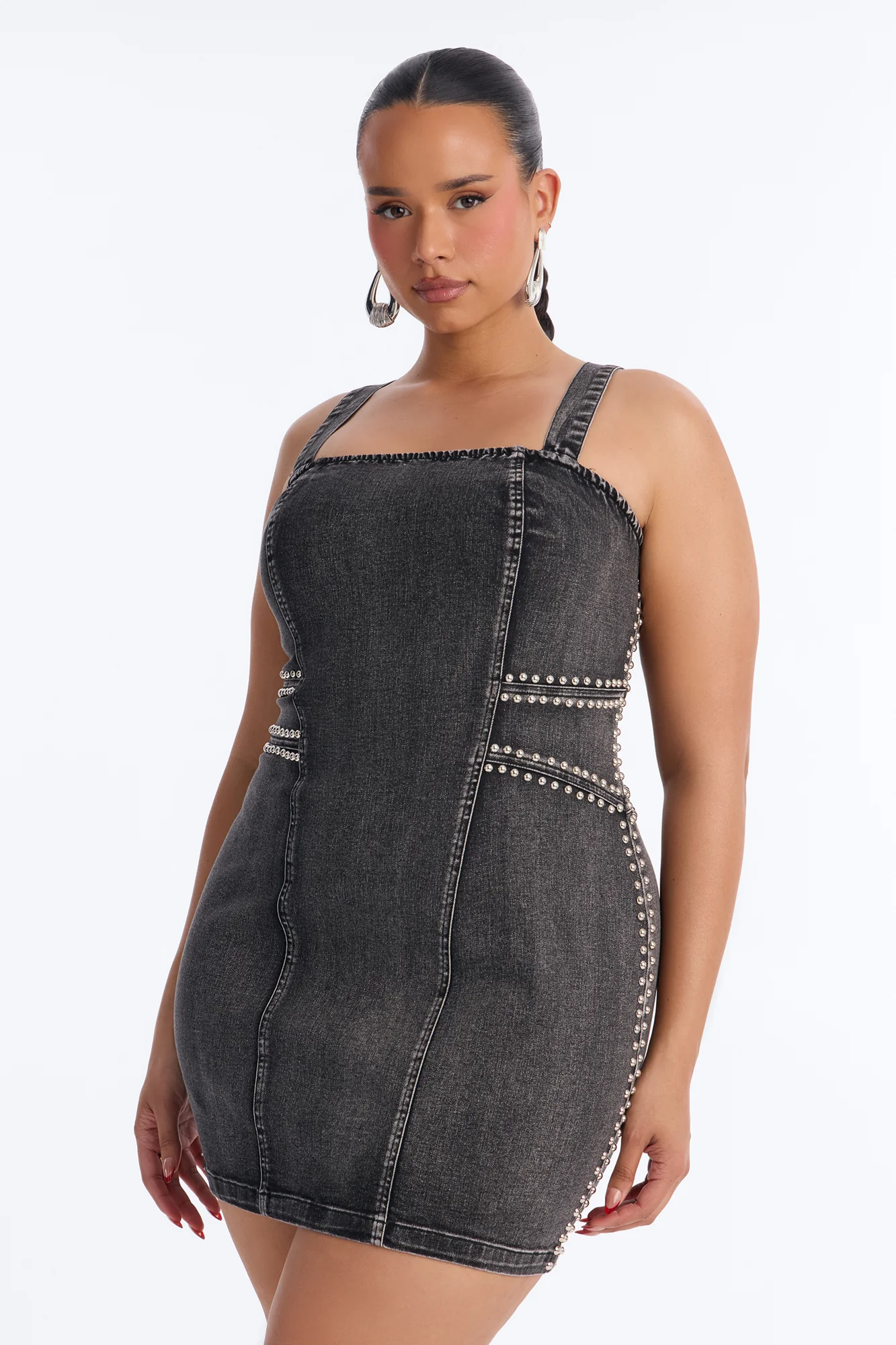 Kassidy Studded Stretch Denim Micro Mini Dress - Black Wash - Image 6