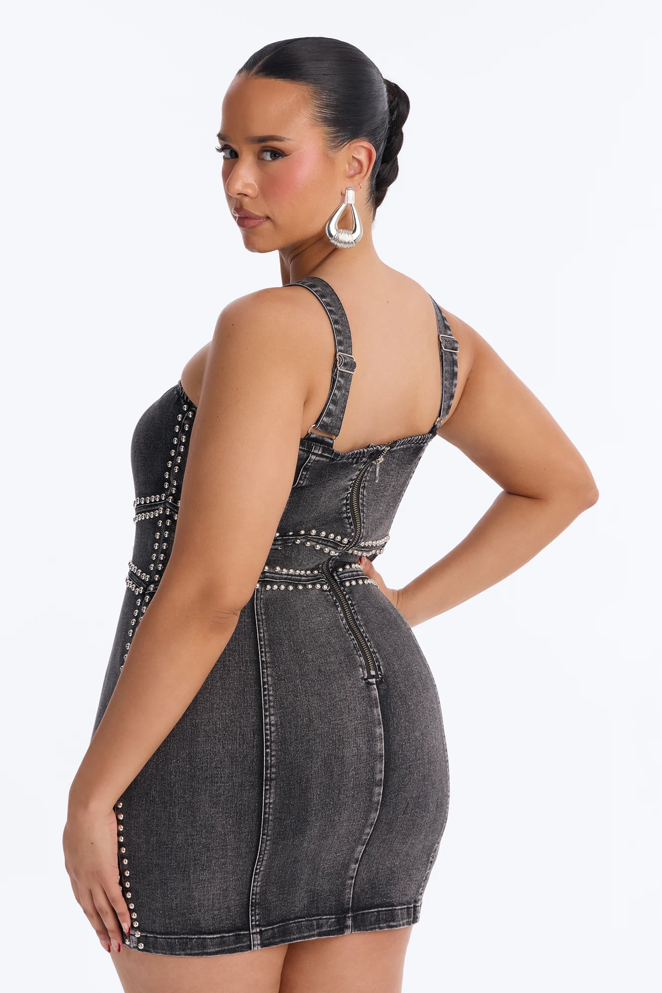 Kassidy Studded Stretch Denim Micro Mini Dress - Black Wash - Image 8