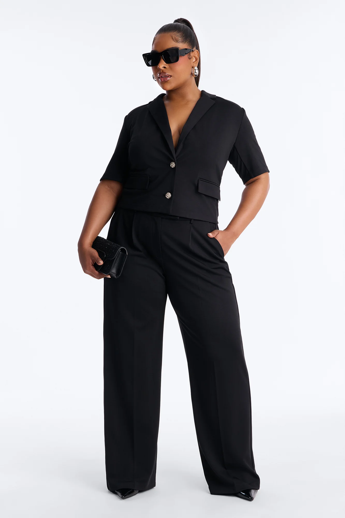 Kate Short Sleeve Blazer Pant Set - Black - Image 5