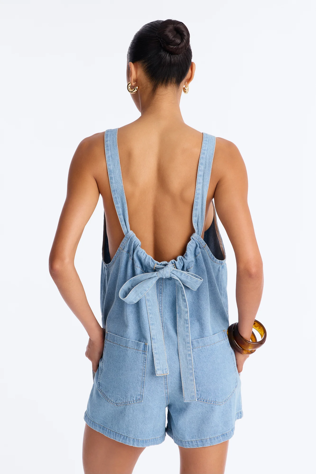 Katya Denim Tie Back Romper - Light Wash - Image 3