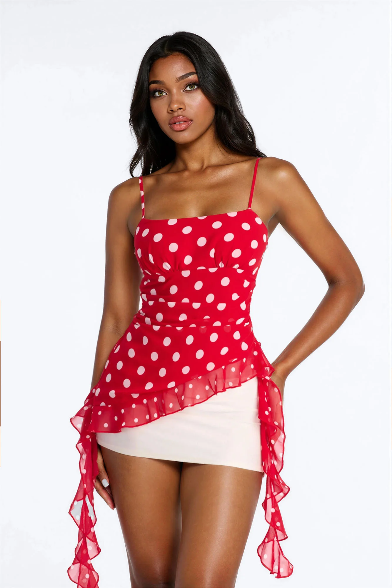 Kaydie Polka Dot Ruffle Detail Chiffon Top - Red/combo