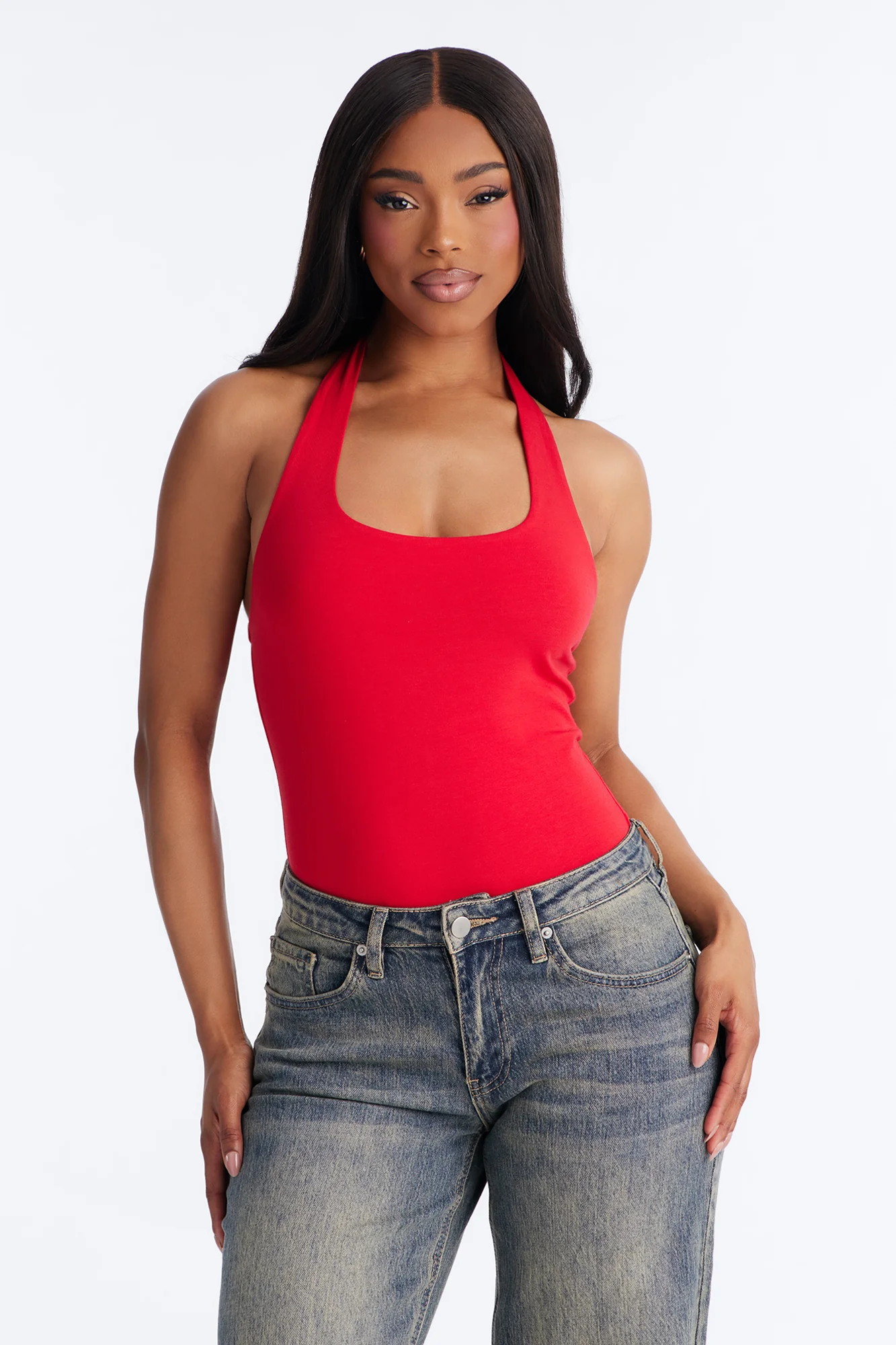 Kayla Double Lined Halter Bodysuit - Red - Image 3