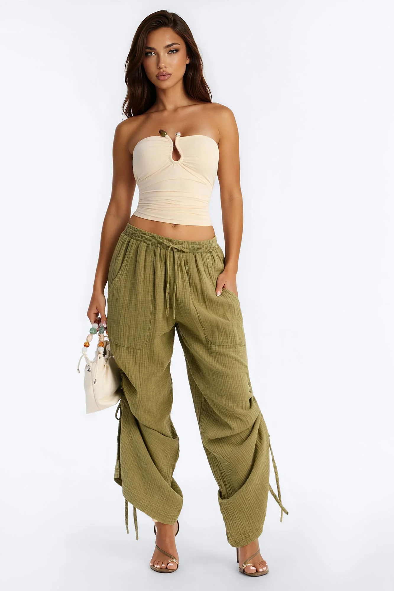 Kayla Mid Rise Washed Gauze Wide Leg Pant - Olive