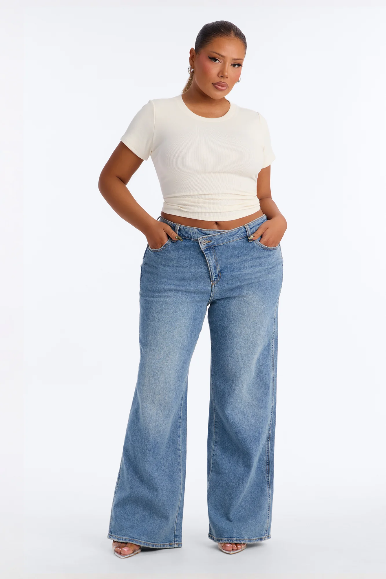 Kayla Rib Cap Sleeve Crew Neck Top - Cream - Image 5