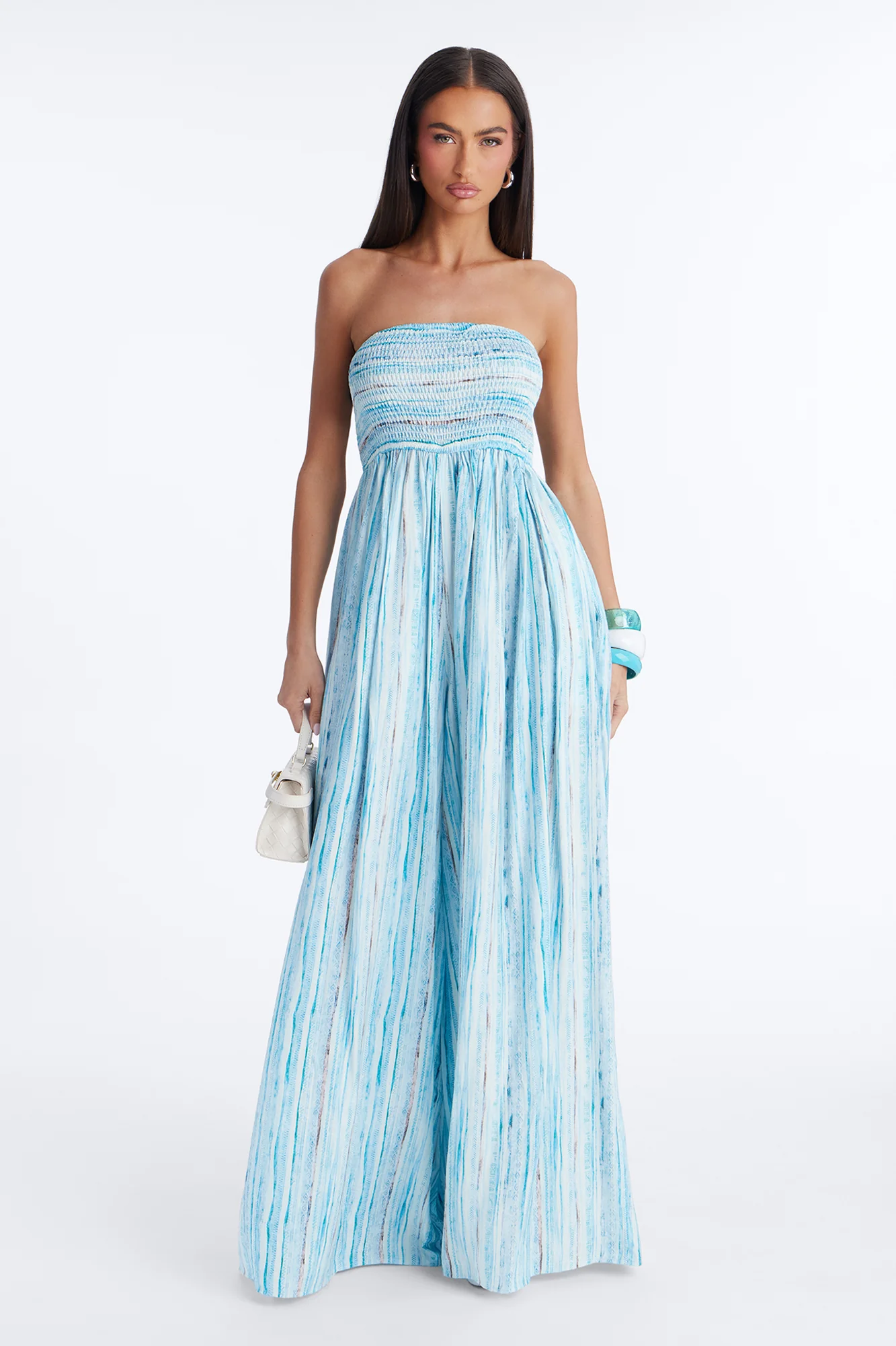 Kayla Smocked Extreme Wide Leg Jumpsuit - Blue