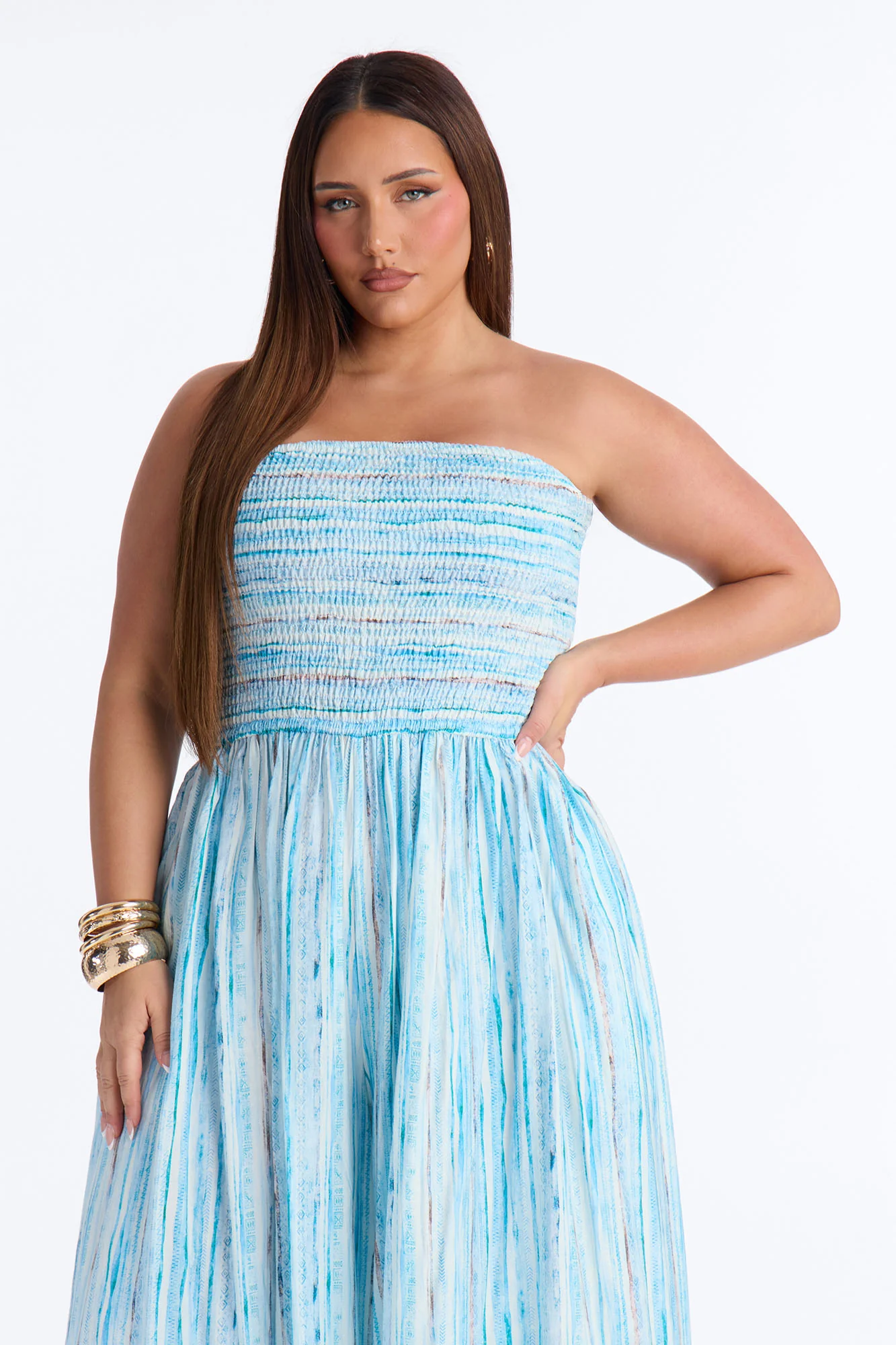 Kayla Smocked Extreme Wide Leg Jumpsuit - Blue - Image 6