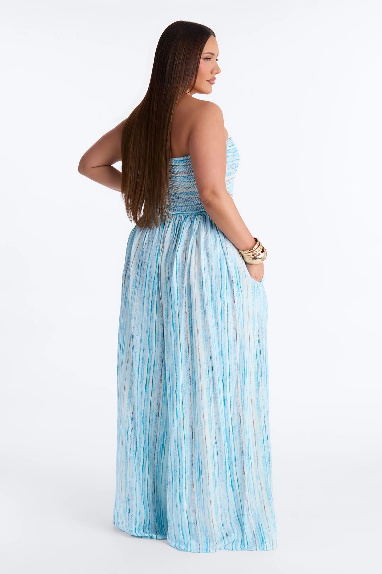 Kayla Smocked Extreme Wide Leg Jumpsuit - Blue - Image 8