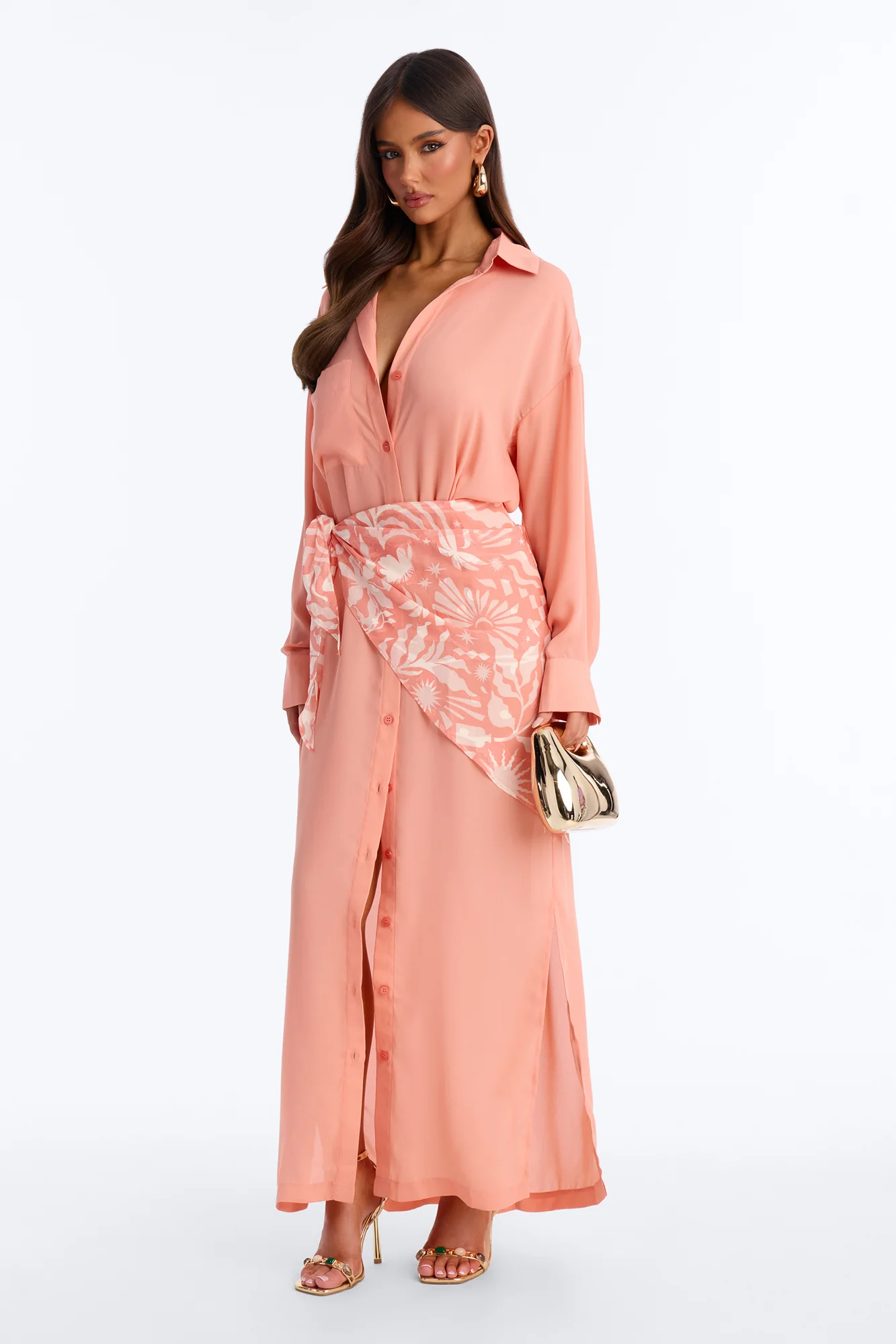 Kaylah Scarf Waist Shirt Maxi Dress - Peach/combo