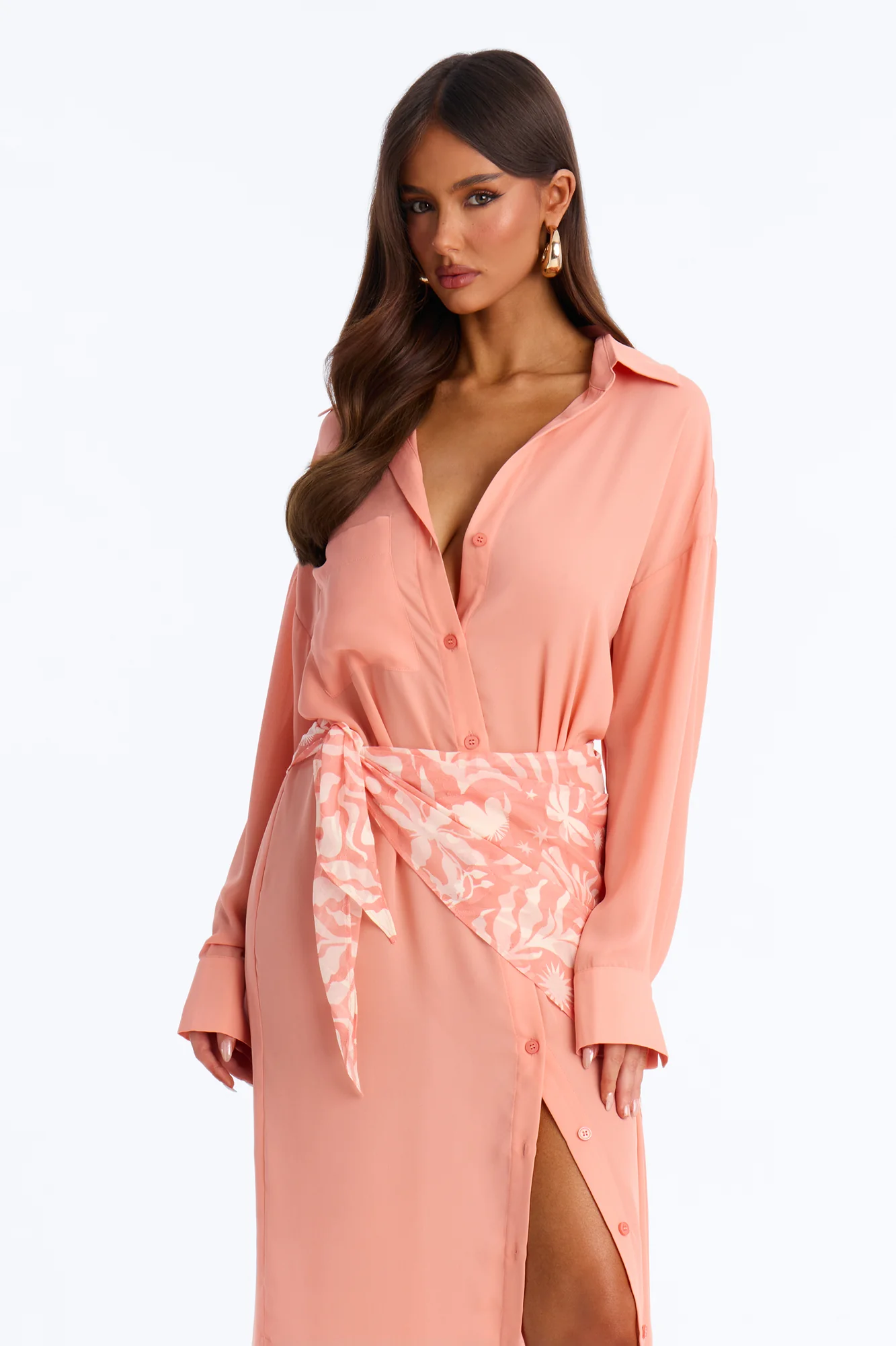 Kaylah Scarf Waist Shirt Maxi Dress - Peach/combo - Image 2