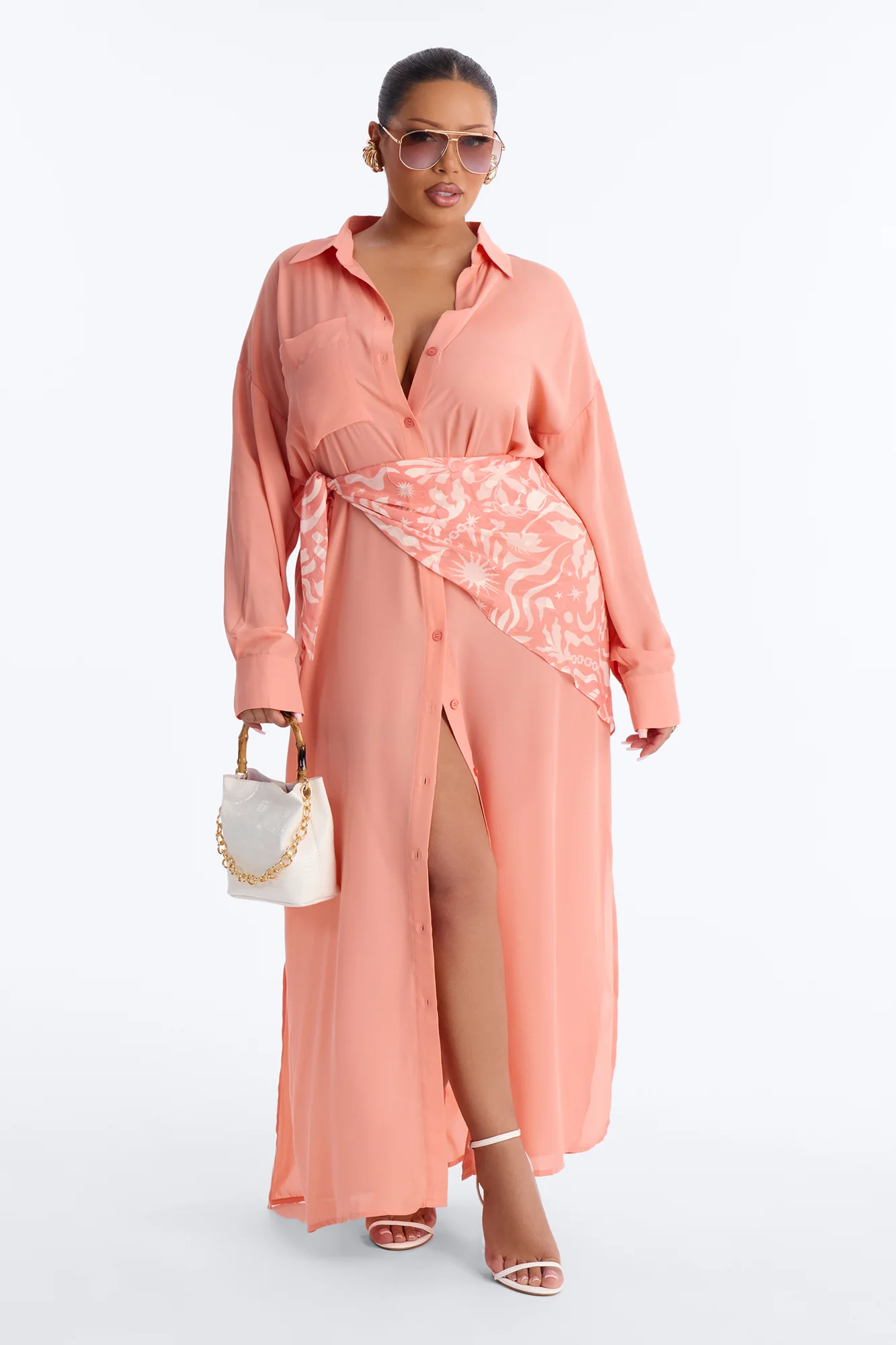 Kaylah Scarf Waist Shirt Maxi Dress - Peach/combo - Image 5