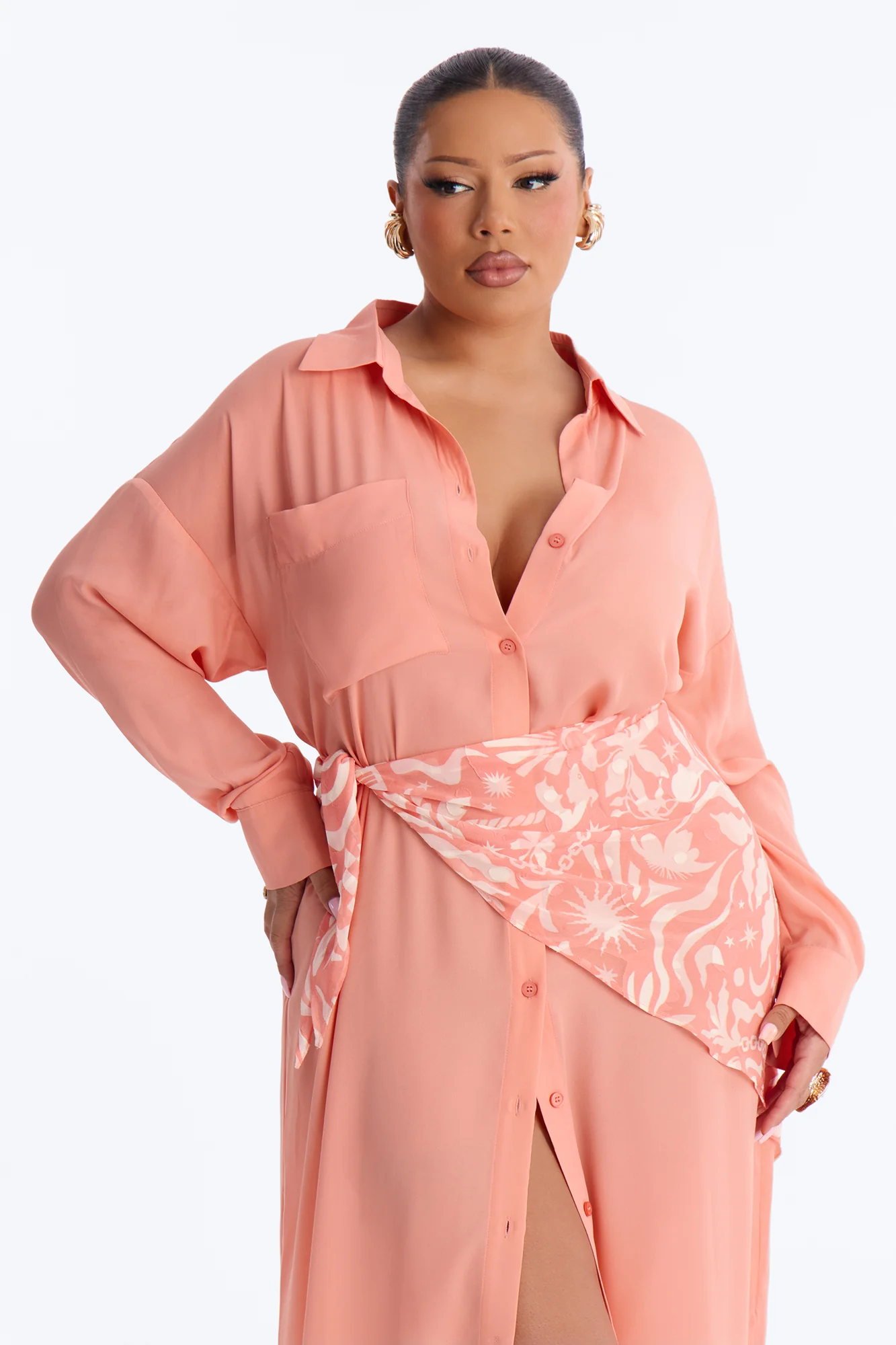 Kaylah Scarf Waist Shirt Maxi Dress - Peach/combo - Image 6