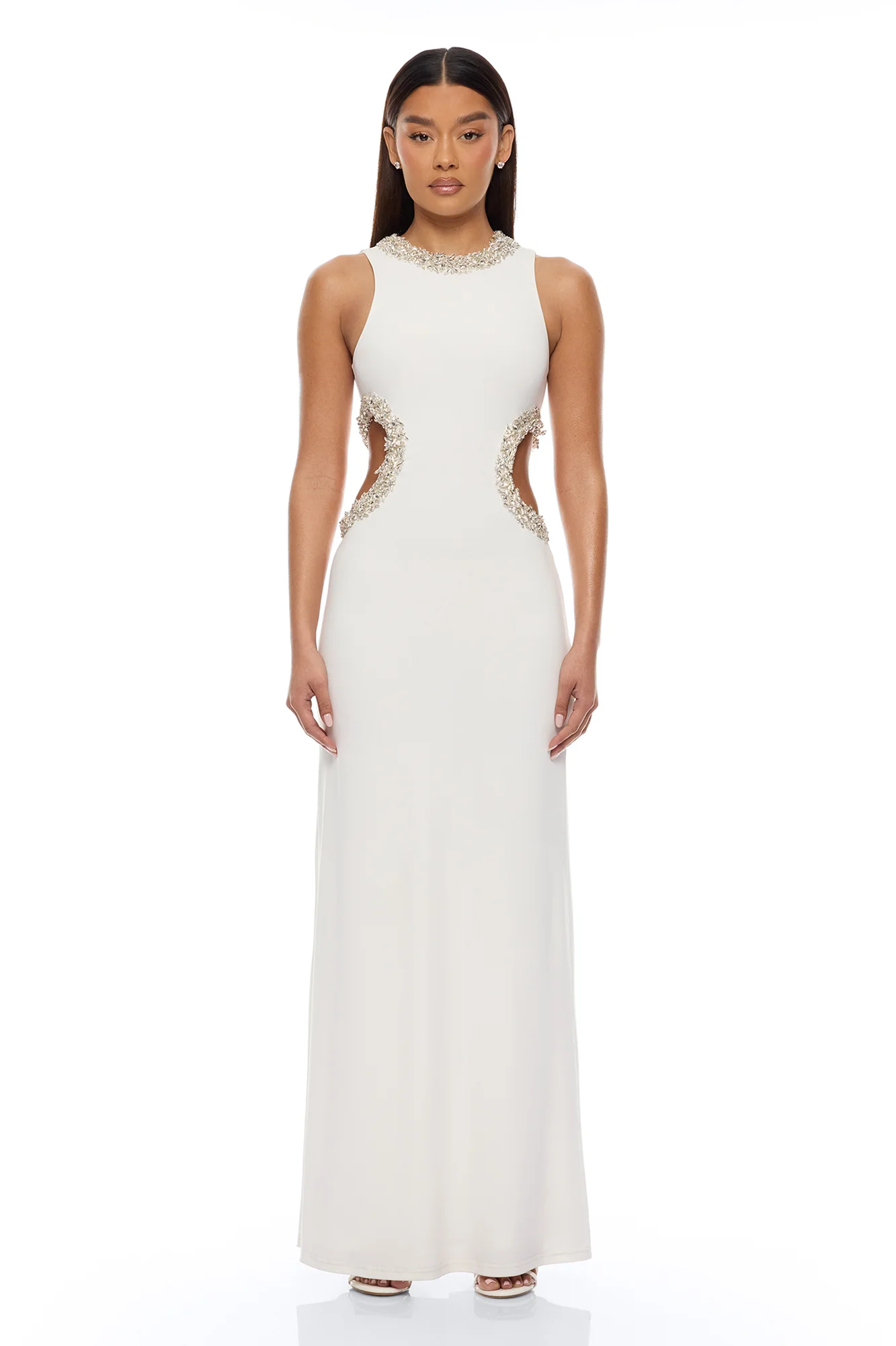 Kaylea Cut Out Rhinestone Maxi Dress - White
