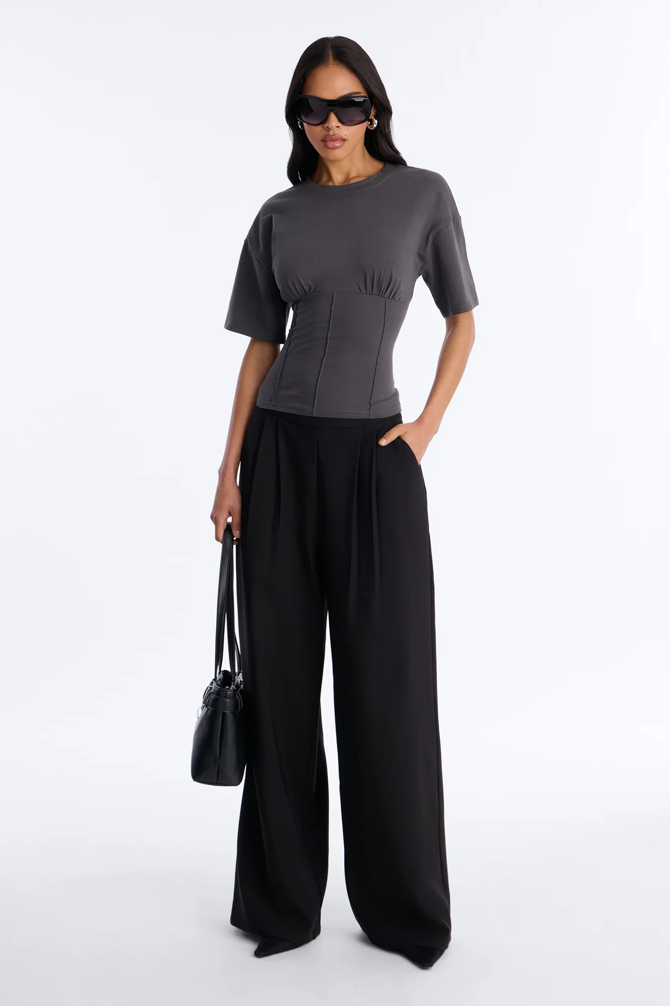 Kaylee Cinched Waist Short Sleeve T-Shirt - Charcoal - Image 2