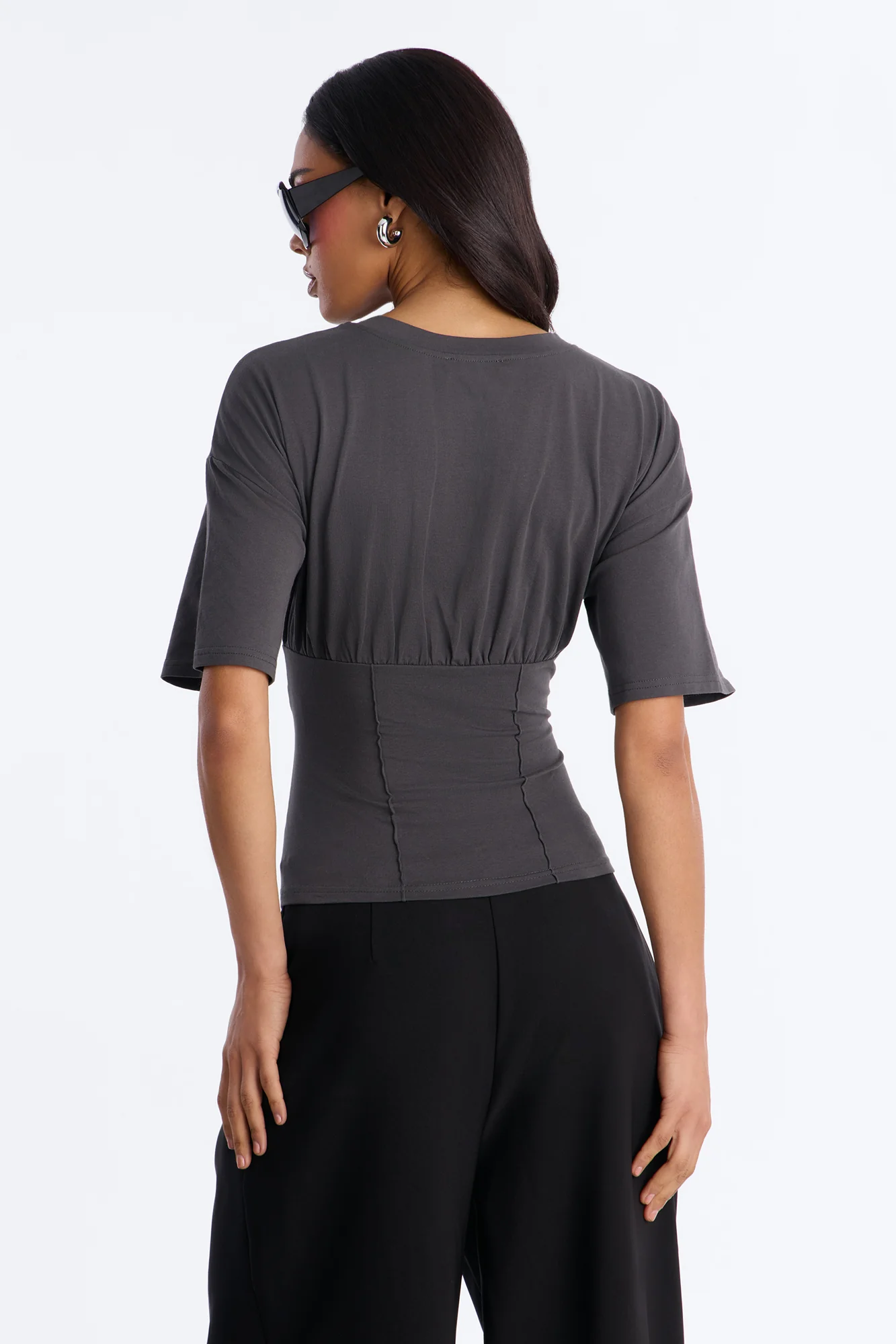 Kaylee Cinched Waist Short Sleeve T-Shirt - Charcoal - Image 4