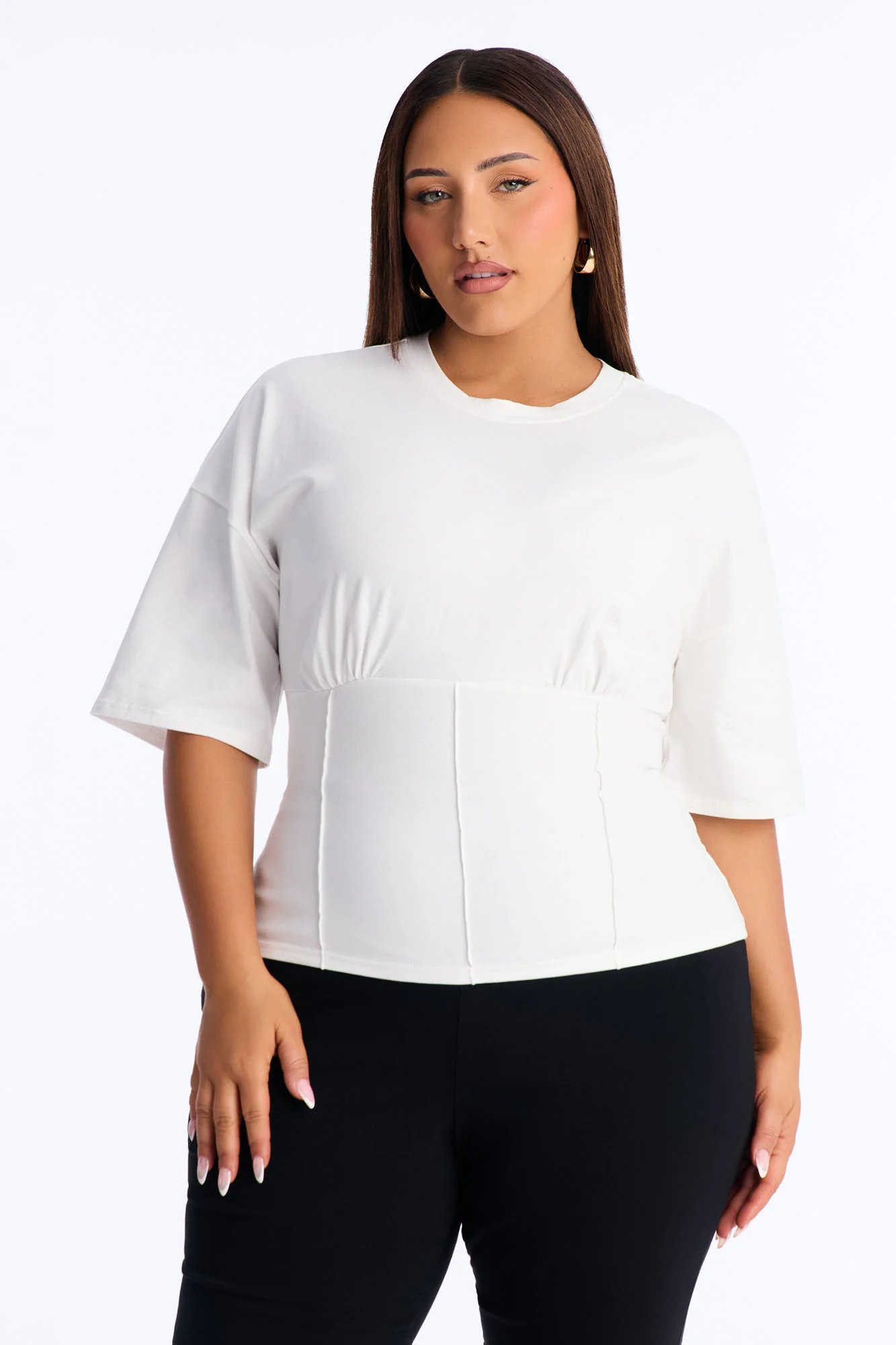 Kaylee Cinched Waist Short Sleeve T-Shirt - White - Image 5