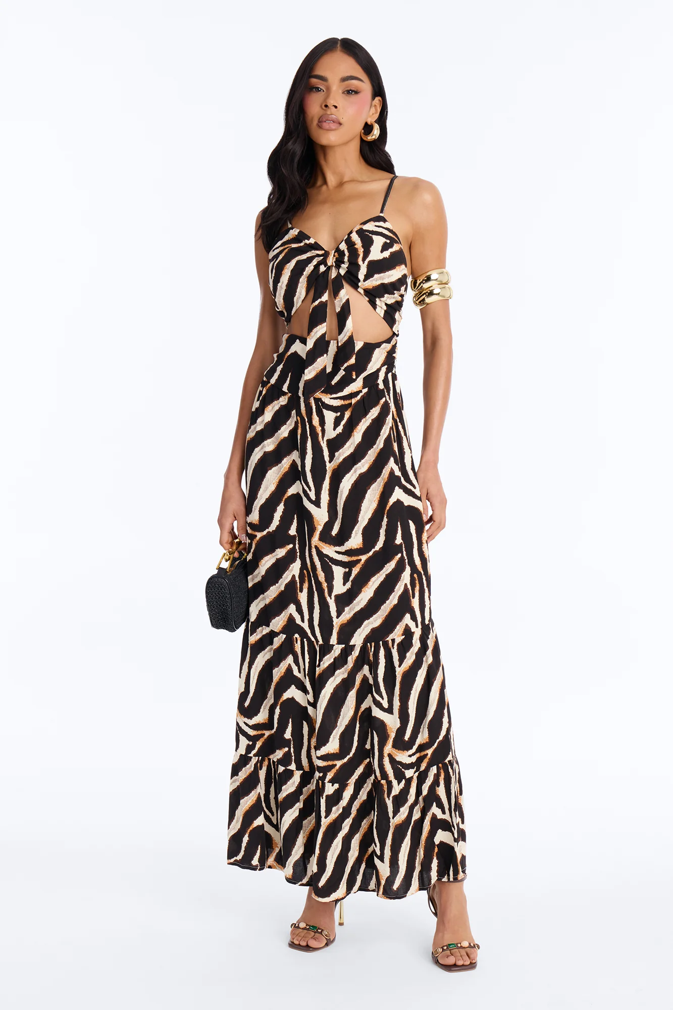 Kaylie Printed Tie Front Maxi Dress - Black/combo