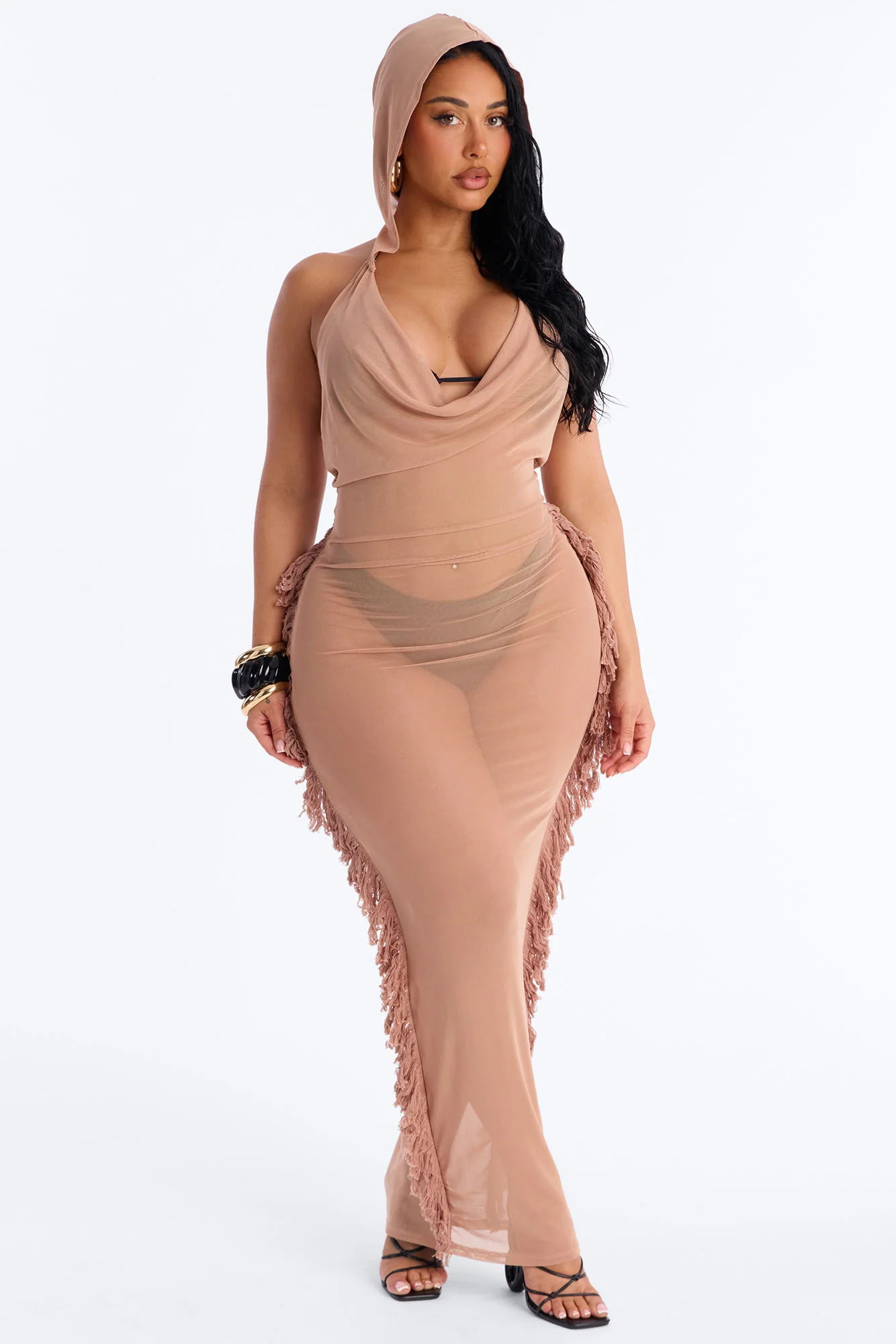 Keep Cool Fringe Hooded Mesh Cover Up Maxi Dress - Mocha