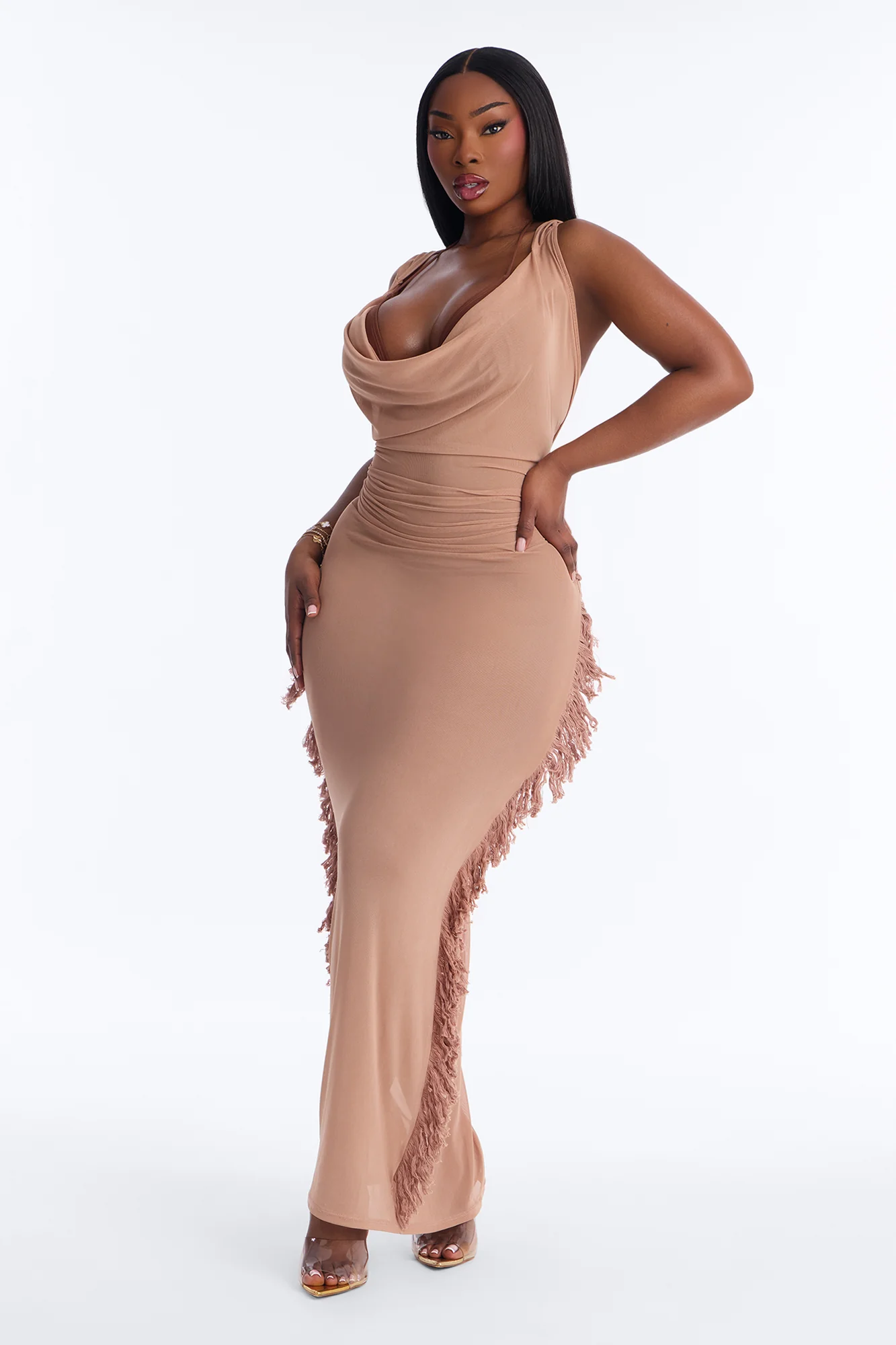 Keep Cool Fringe Hooded Mesh Cover Up Maxi Dress - Mocha - Image 4