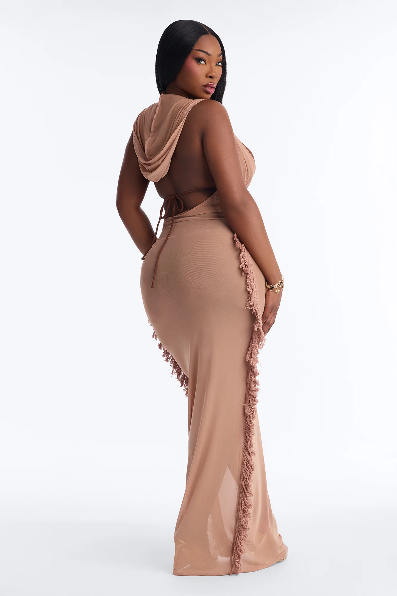 Keep Cool Fringe Hooded Mesh Cover Up Maxi Dress - Mocha - Image 6