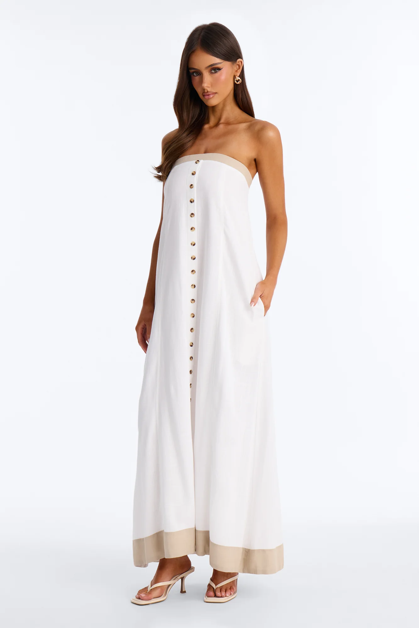 Keep It Cool Button Up Linen Maxi Dress - Cream/combo