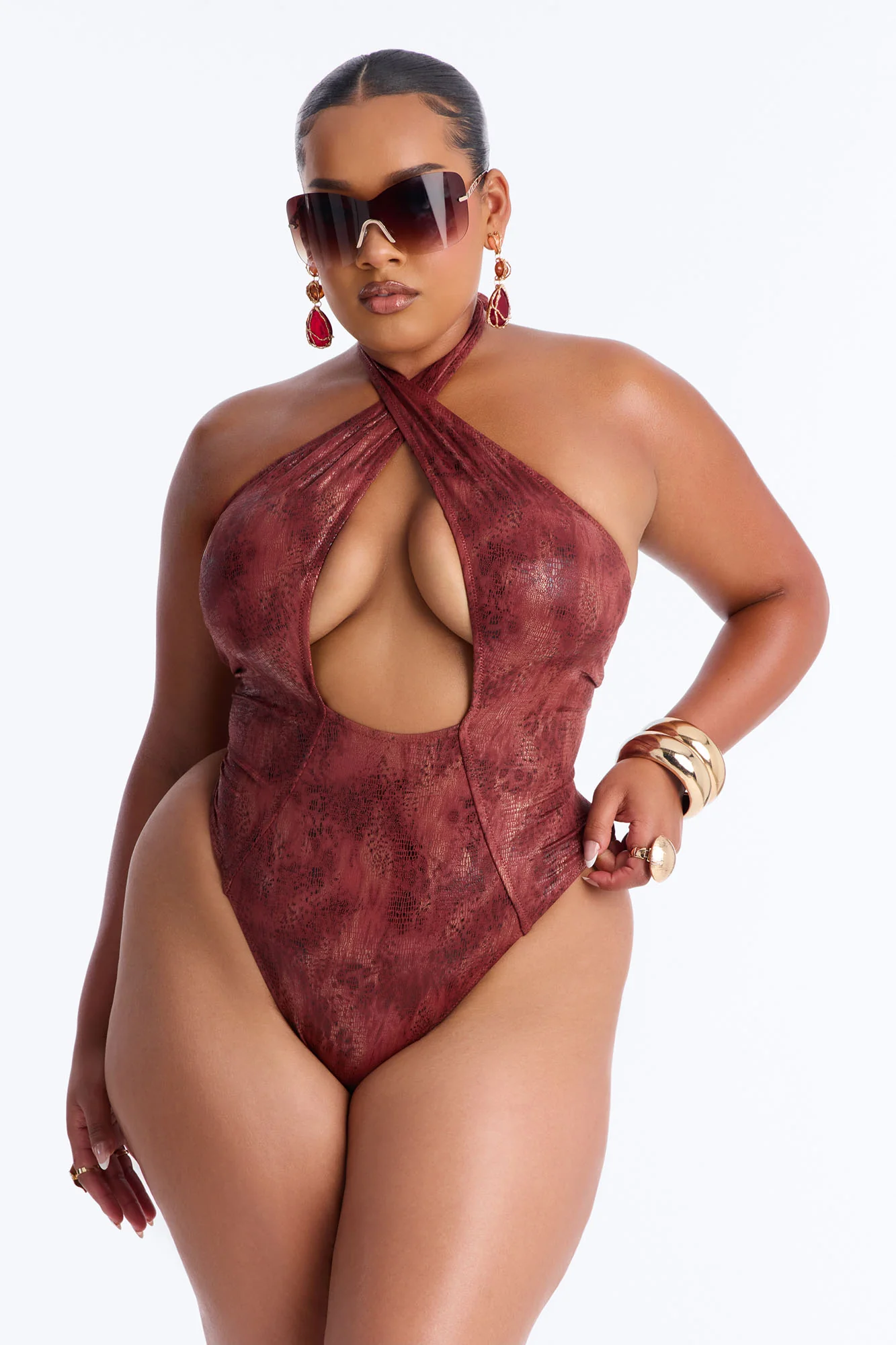 Keep Me Close Halter Neck 1 Piece Swimsuit - Brown/combo - Image 5