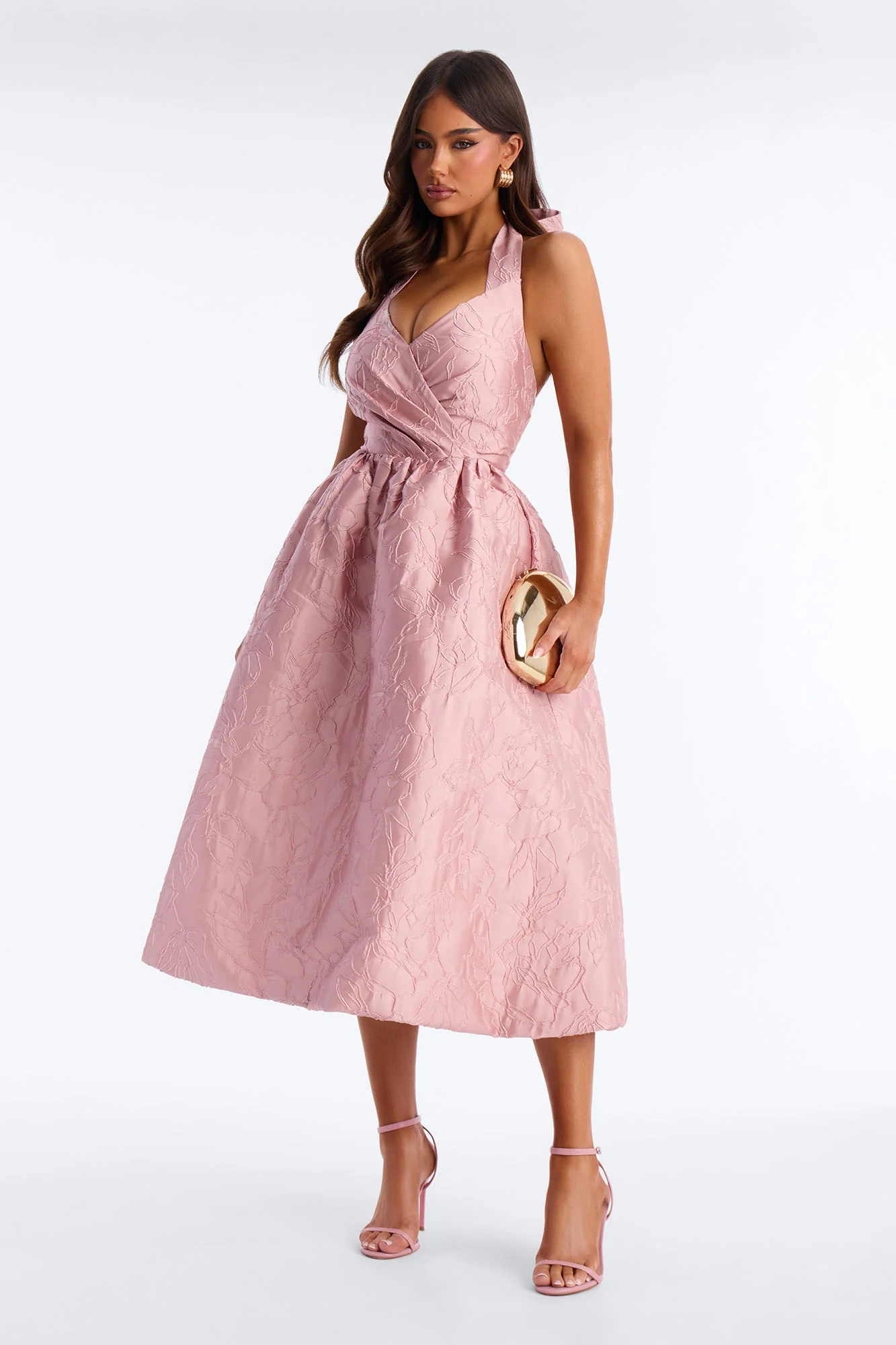 Keep You Enchanted Jacquard Halter Midi Dress - Pink