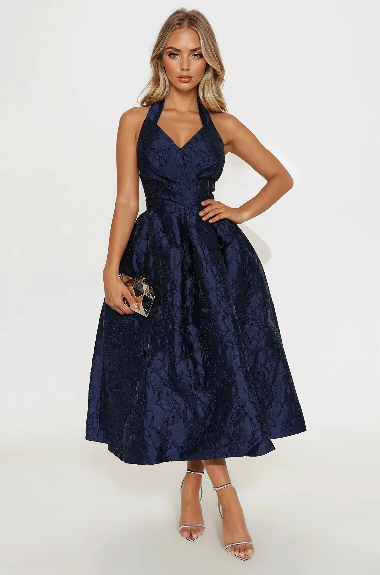 Keep You Enchanted Jacquard Halter Midi Dress - Navy