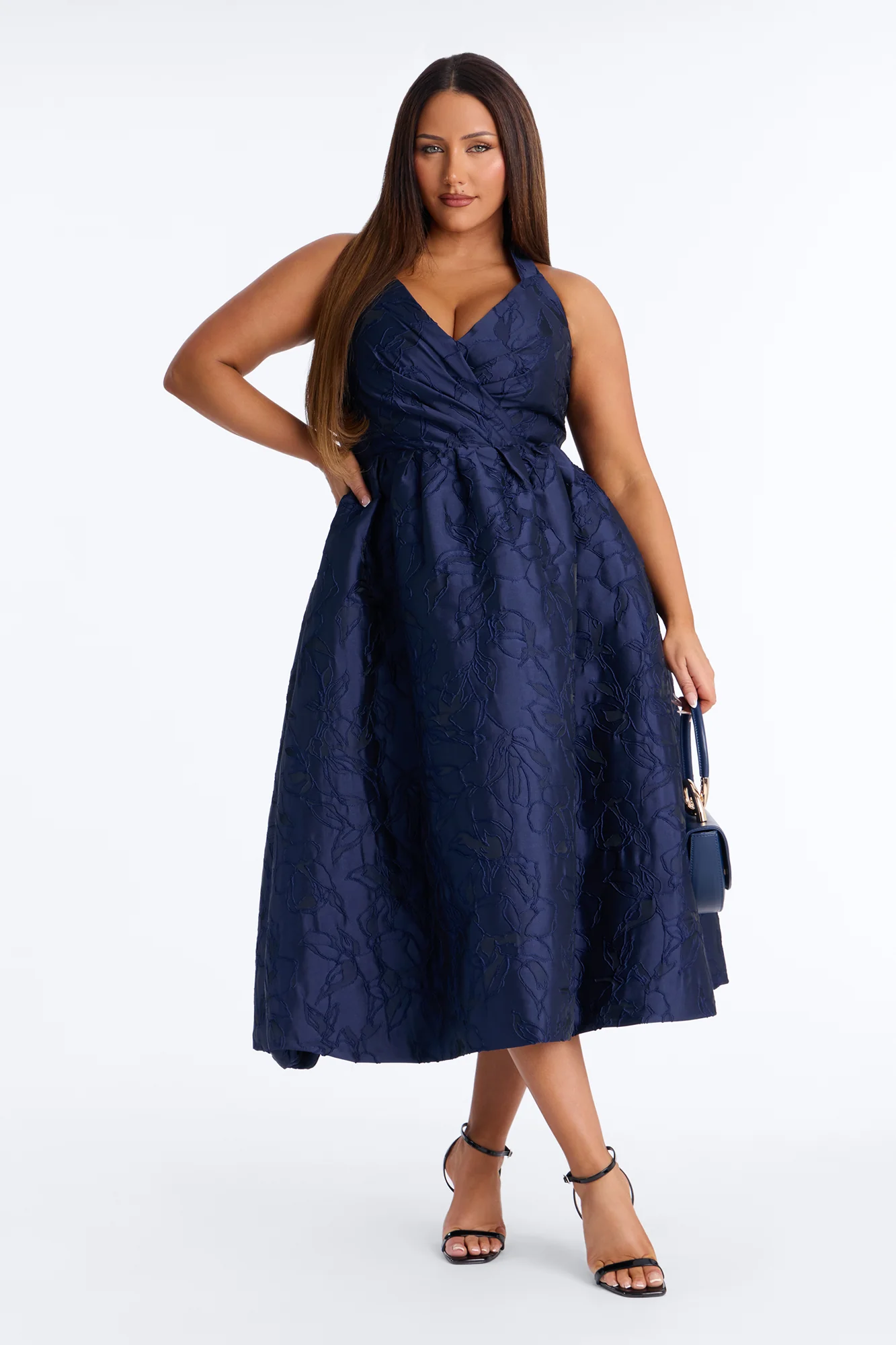 Keep You Enchanted Jacquard Halter Midi Dress - Navy - Image 4
