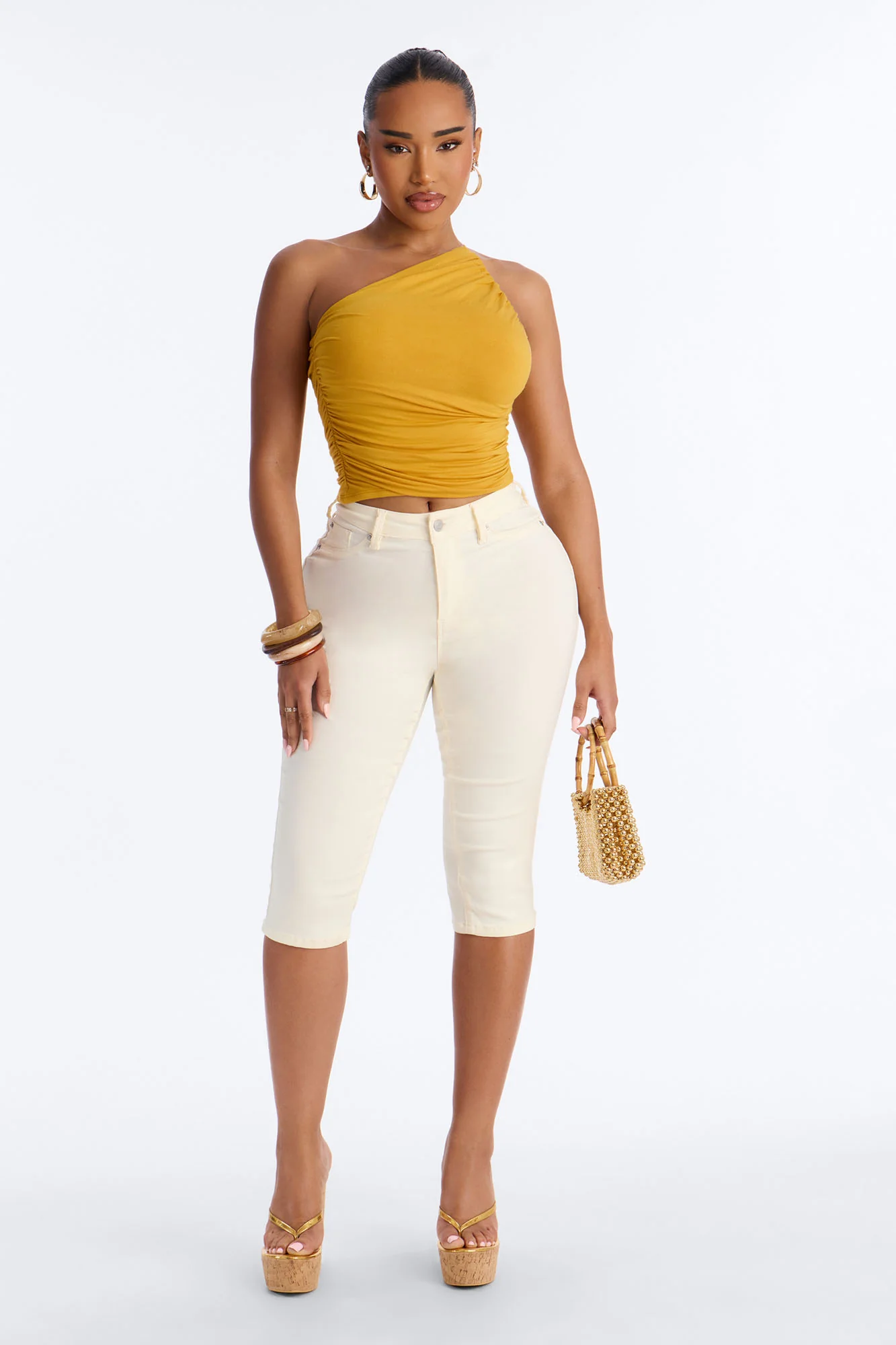Kehlani One Shoulder Ruched Sleeveless Top - Mustard - Image 2