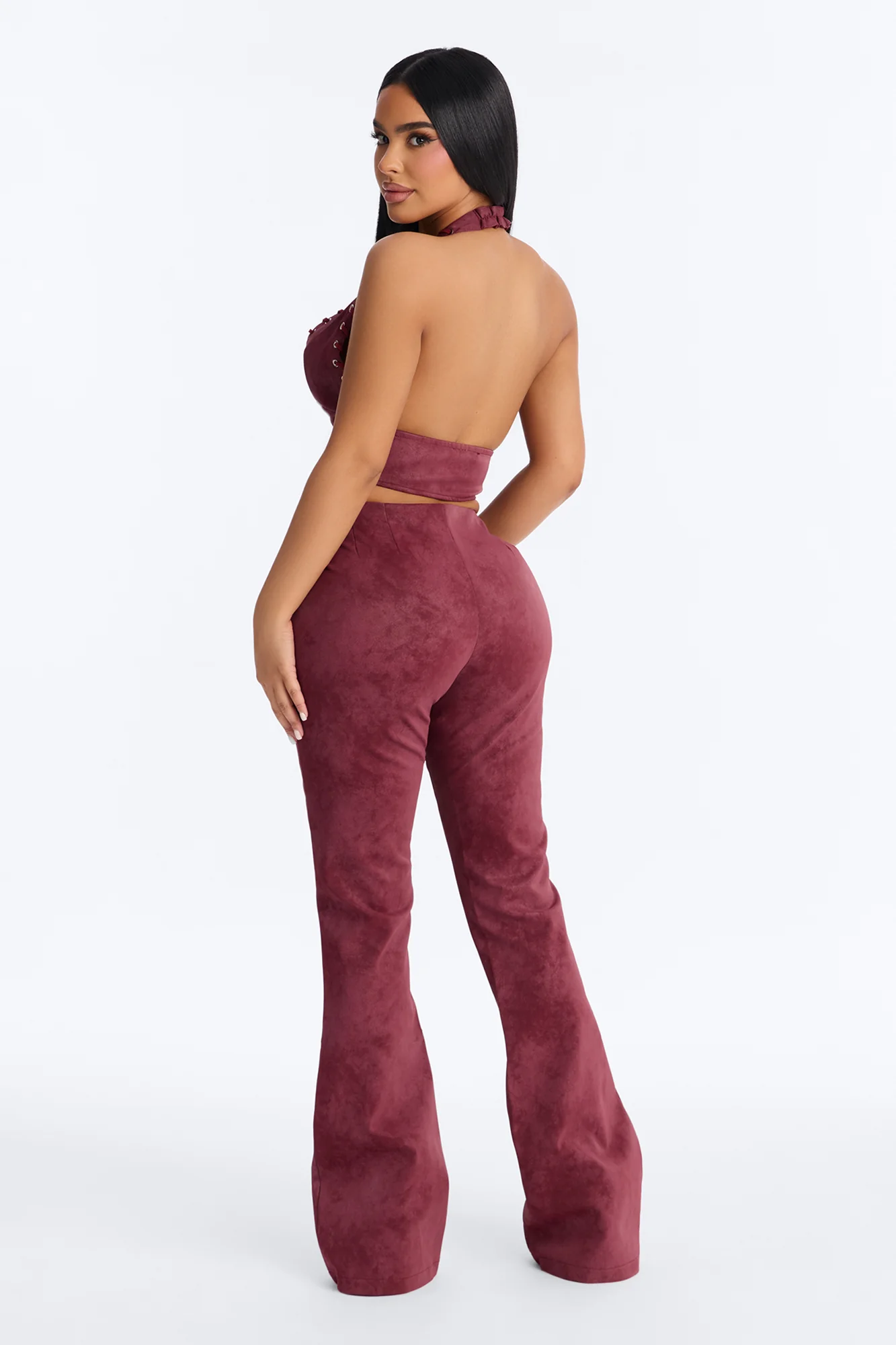 Keillie Faux Leather Halter Pant Set - Burgundy - Image 4