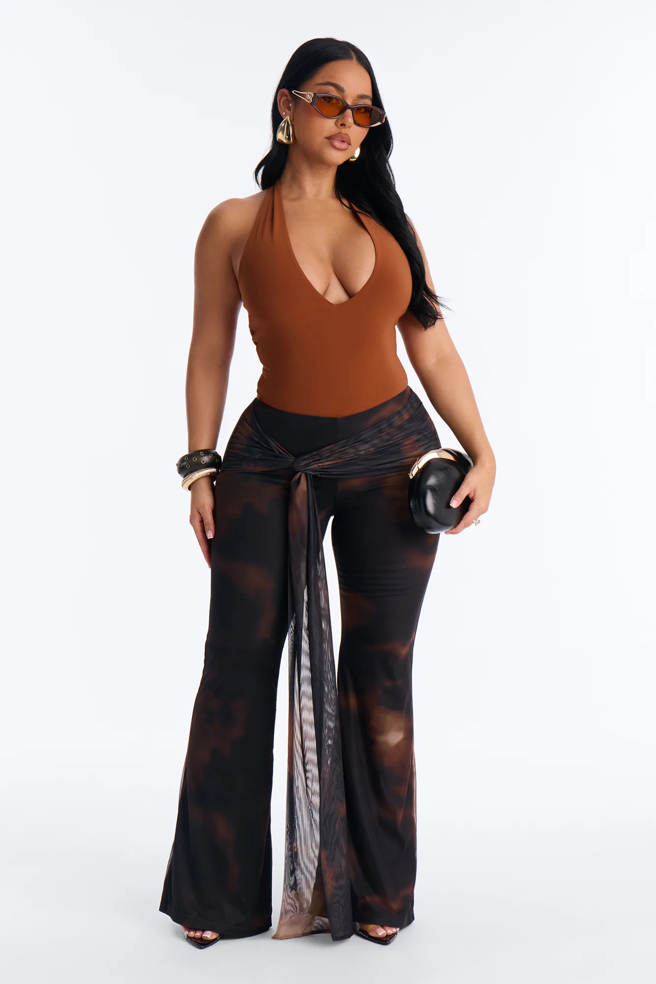 Keisha Wrap Waist Mesh Flare Pant - Brown Combo