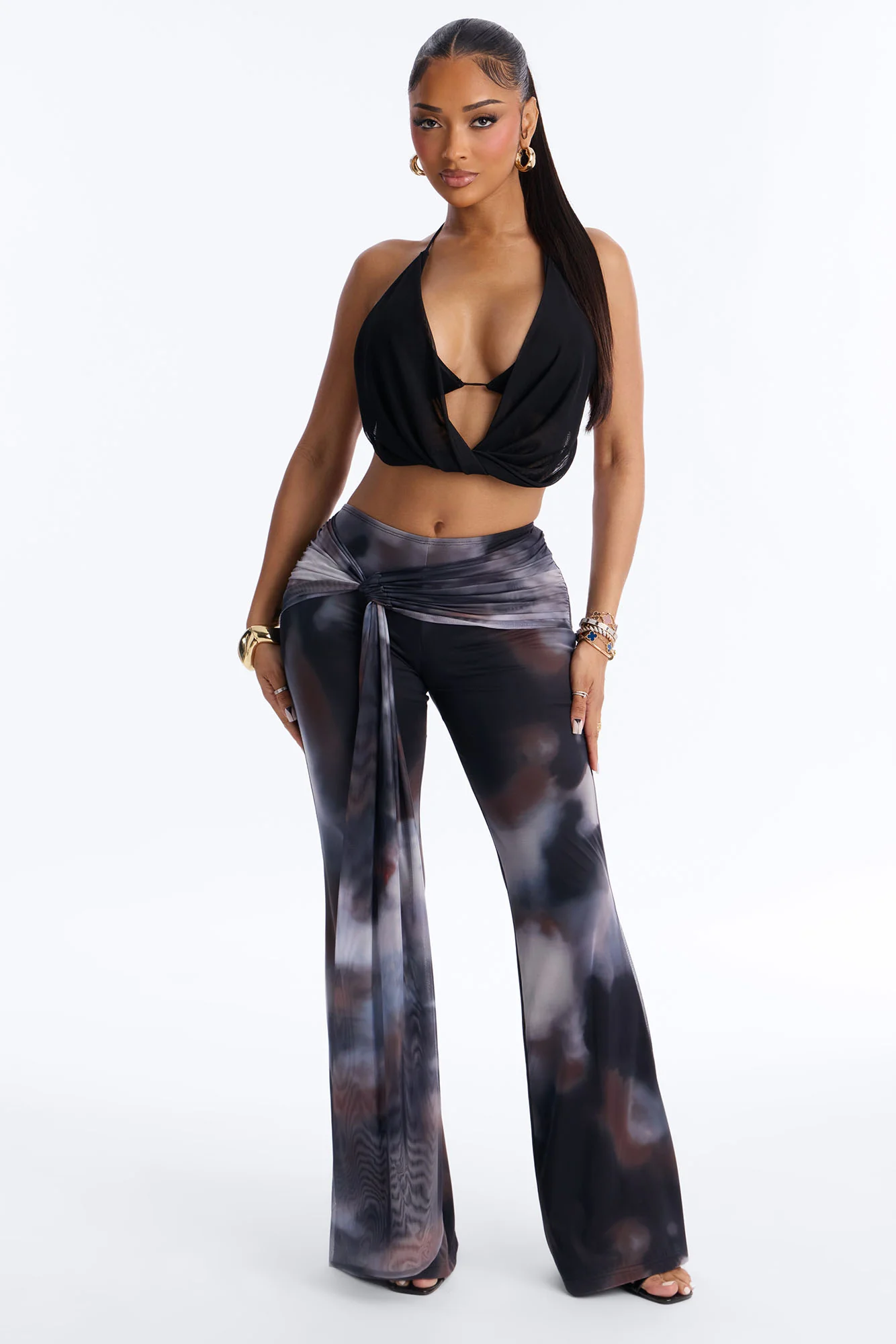 Keisha Wrap Waist Mesh Flare Pant - Grey/combo