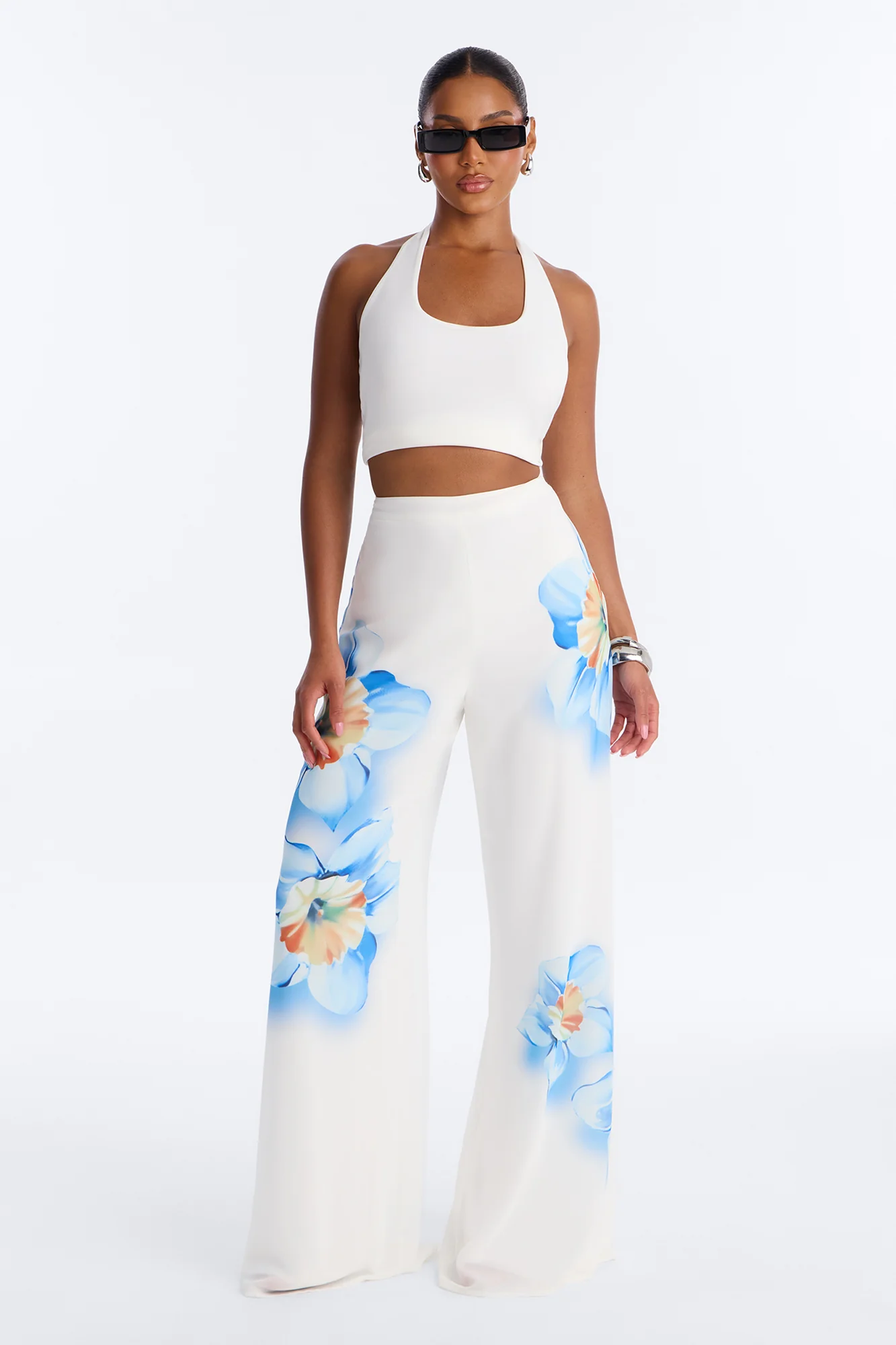 Kelly High Rise Floral Print Wide Leg Pant - White/combo
