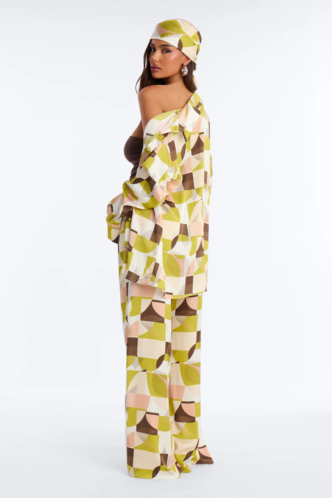 Kelly Satin 3 Piece Wide Leg Pant Set - Green/combo - Image 4