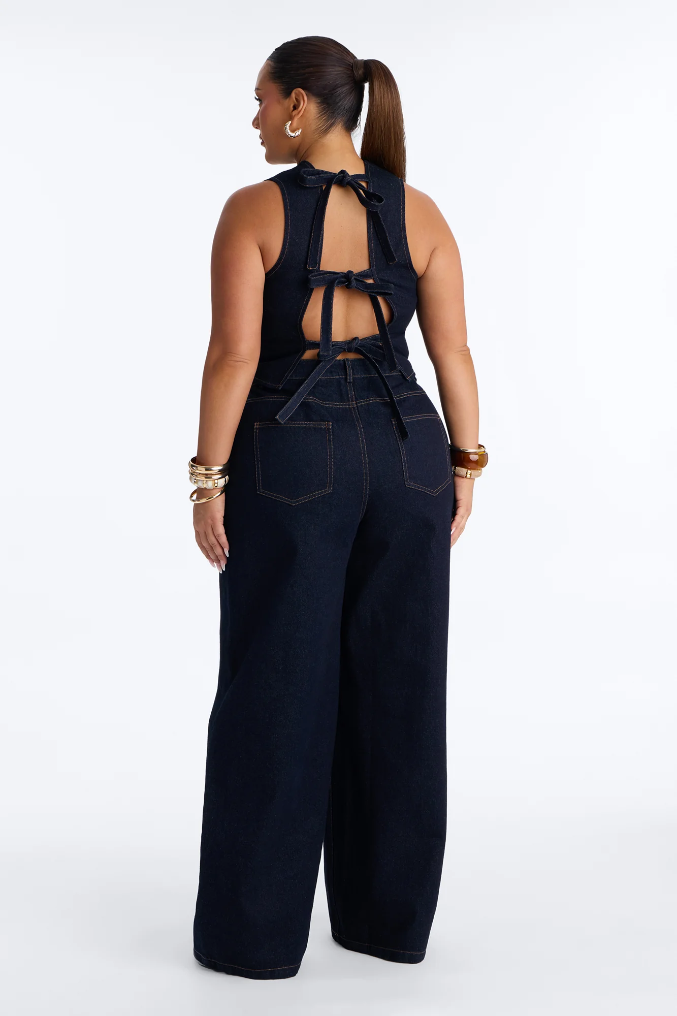 Kelsey Lace Up Back Denim Pant Set - Dark Wash - Image 7