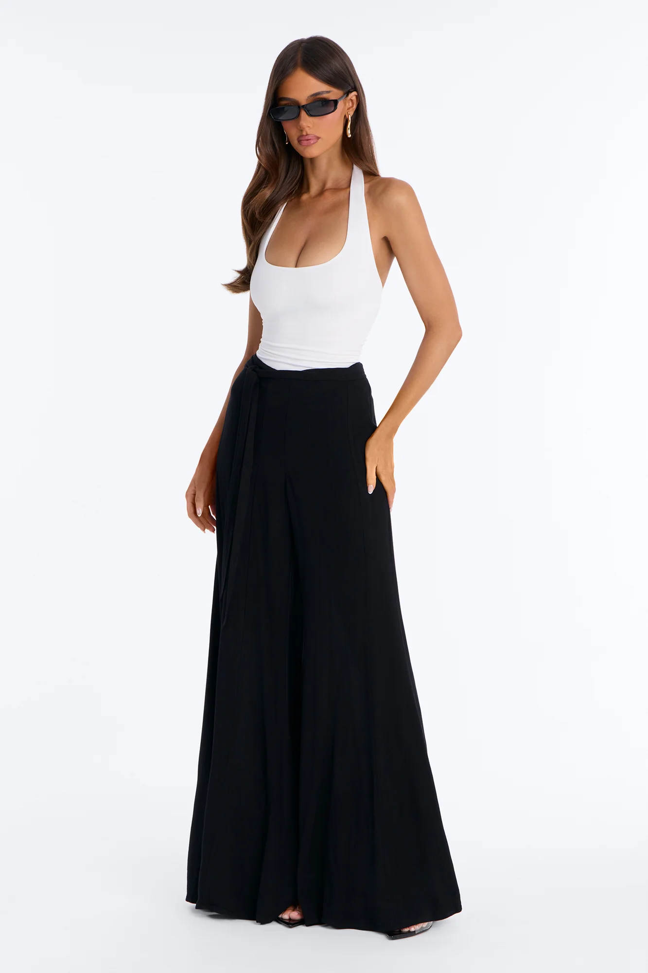 Kelsey Mid Rise Tie Waist Flowy Wide Leg Pant 34″ - Black