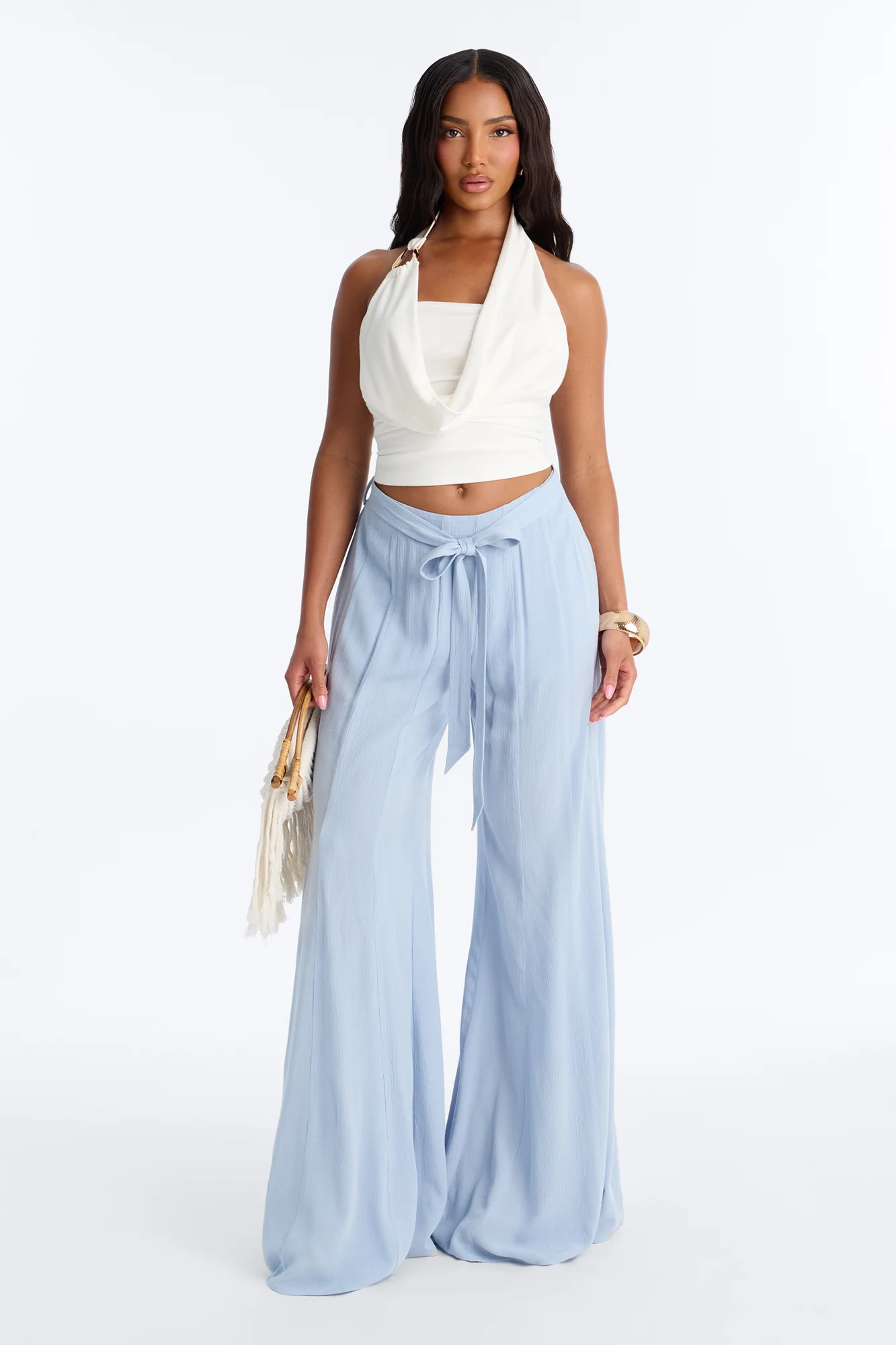 Kelsey Mid Rise Tie Waist Flowy Wide Leg Pant 34″ - Light Blue