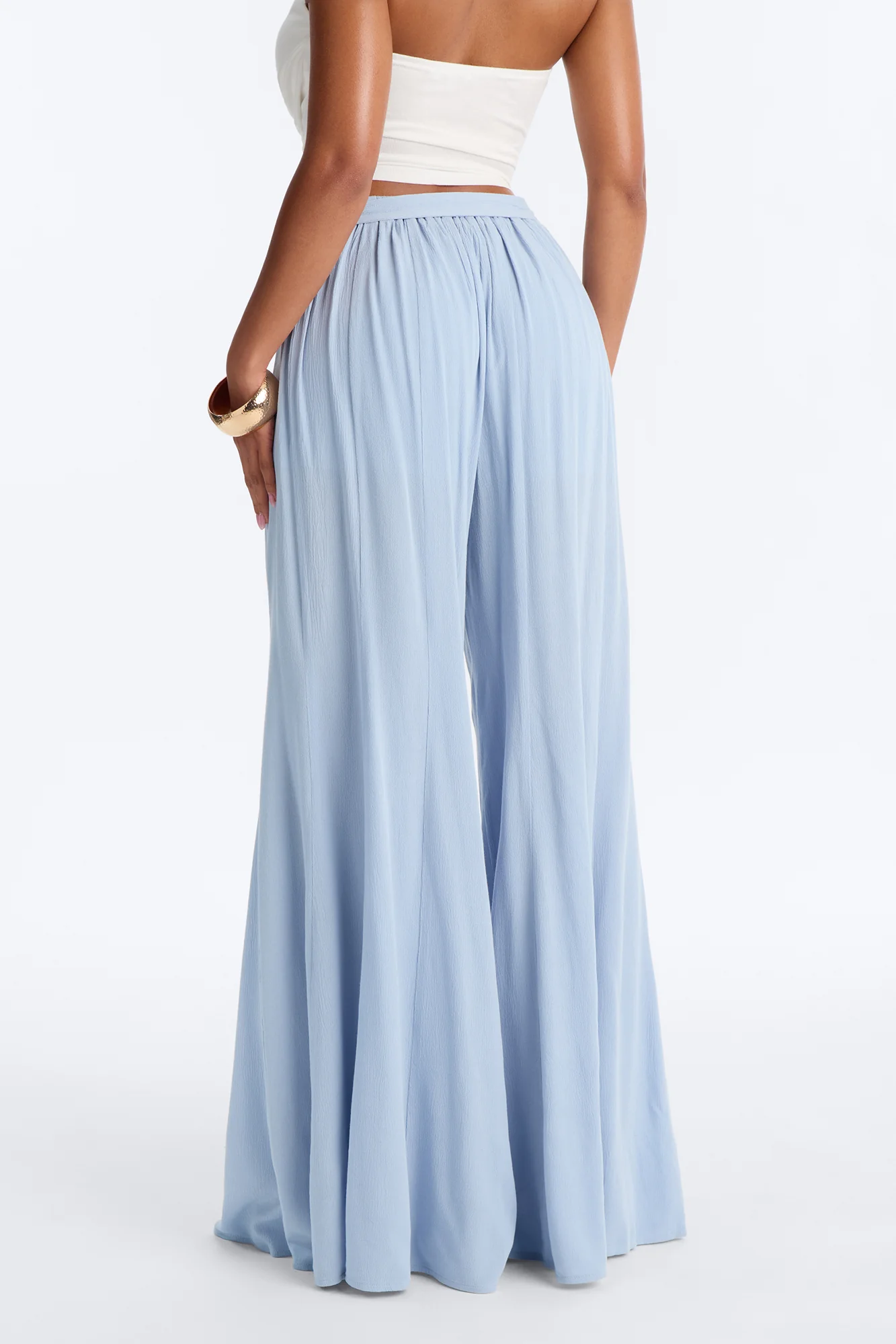 Kelsey Mid Rise Tie Waist Flowy Wide Leg Pant 34″ - Light Blue - Image 3